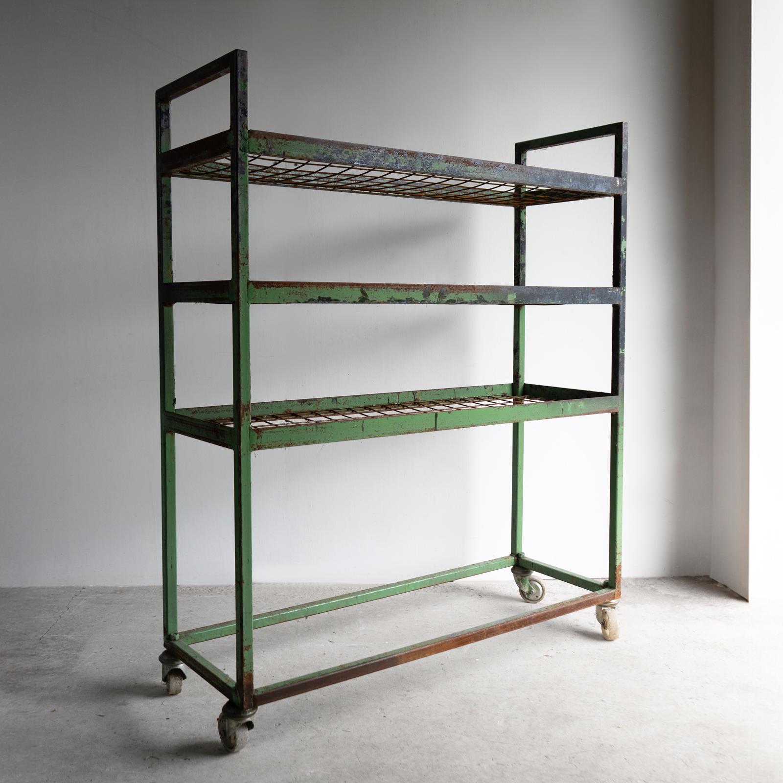Vintage Green Metal Shoe Factory Shelving Rack Trolley, Mid 20th Century
