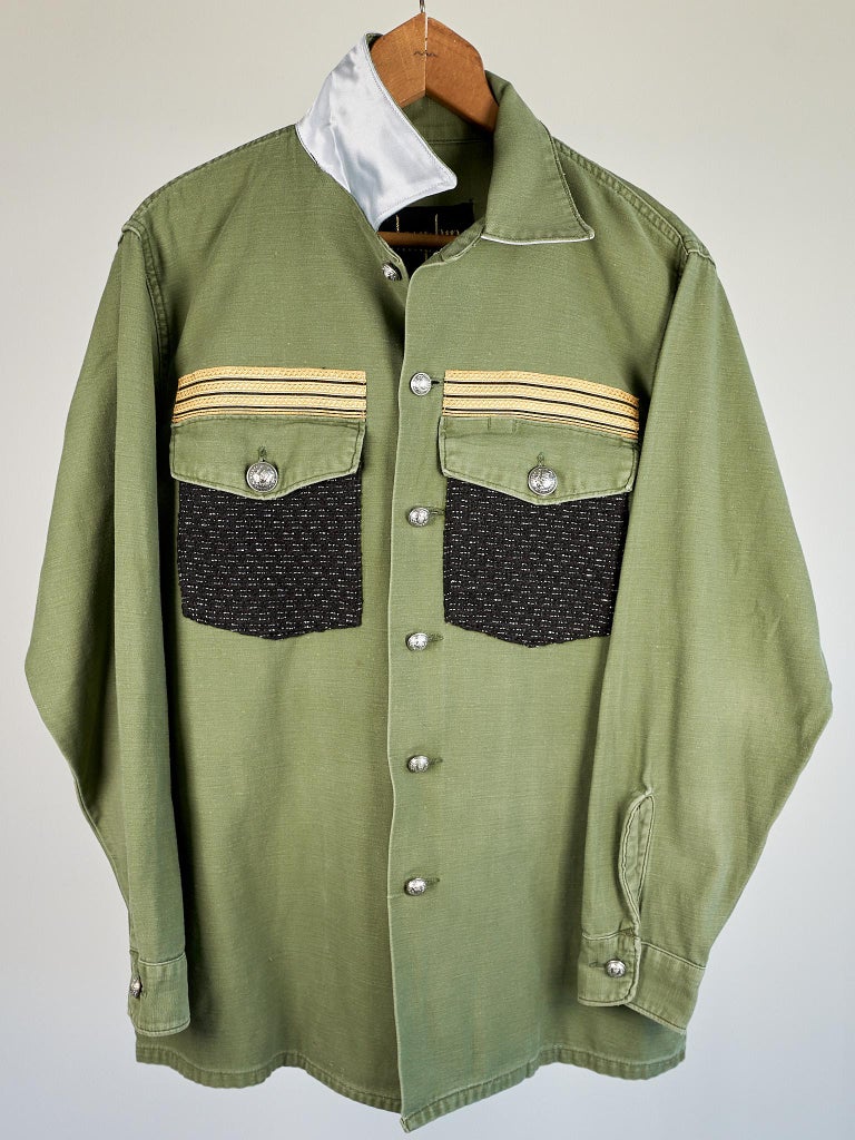 Vintage Green Military Jacket Gold Braid Black Tweed Silver Silk J