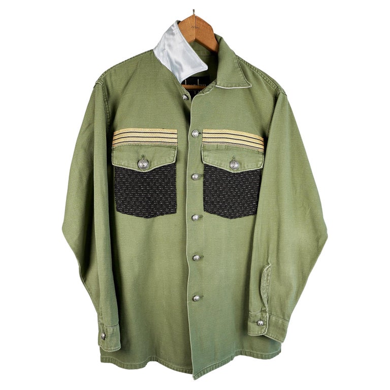 Vintage Green Military Jacket Gold Braid Black Tweed Silver Silk J