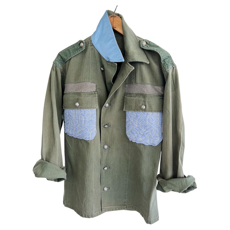Vintage Green Military Jacket Light Blue Wool Tweed Blue Silk Chain J