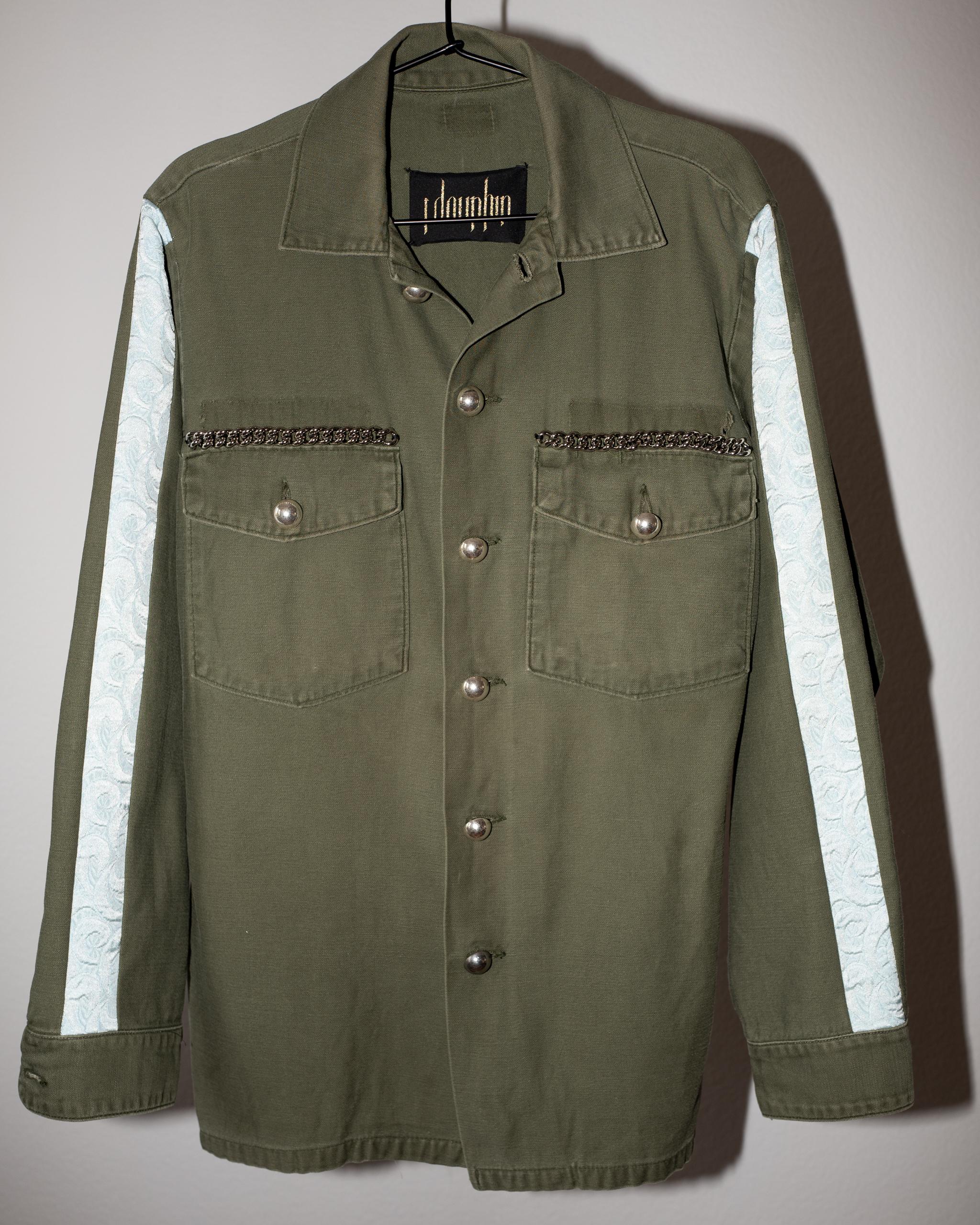 Vintage Green Military Jacket Pastel Green Silk Brocade Silver Buttons Chain In New Condition In Los Angeles, CA