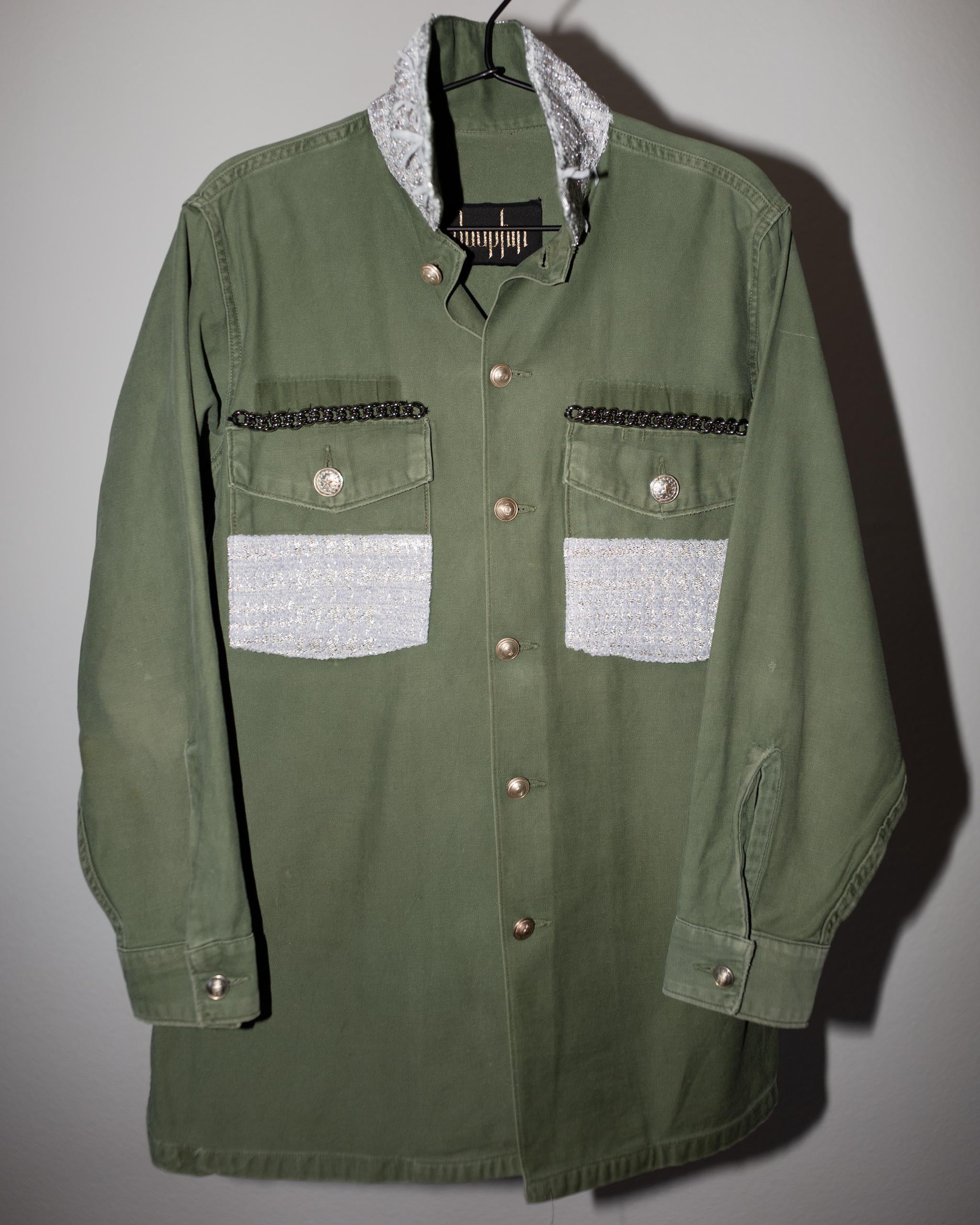 Women's Vintage Green Military Jacket Pastel Green Silk Brocade Silver Buttons Chain