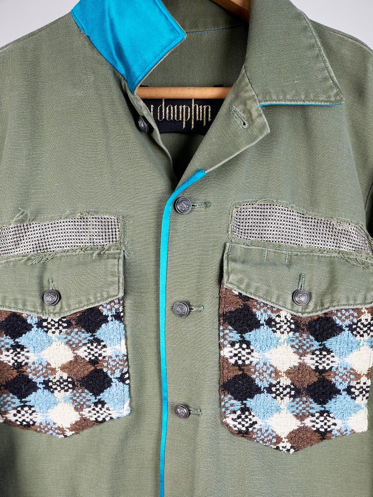 Vintage Green Military Jacket Turquoise Silk Collar Silver Chain Tweed