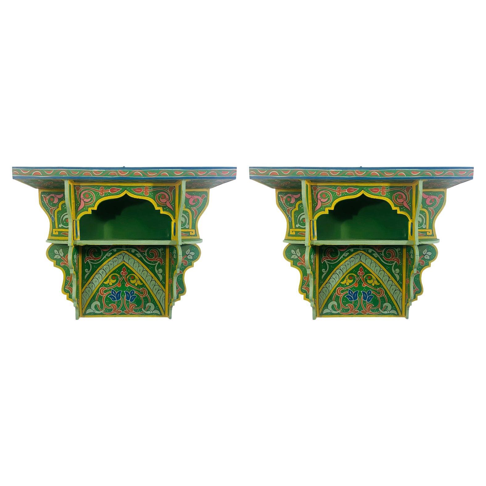 Marokkanisches grünes Boho-Chic-Spitzenregal oder -Regal in Grün, ein Paar