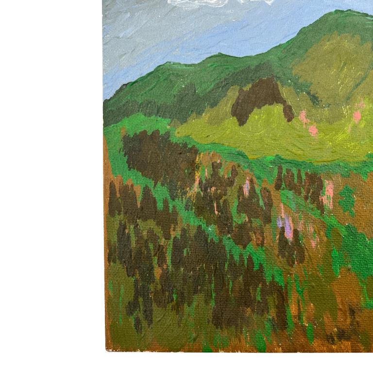 Vintage Landscape Painting - Mid-Century Modern Green Mountain Weide Szene, Original Öl auf Karton signiert August 1975

Bringen Sie zeitlose Gelassenheit in Ihren Raum mit diesem Vintage-Landschaftsgemälde, einem originalen Ölgemälde auf Karton aus
