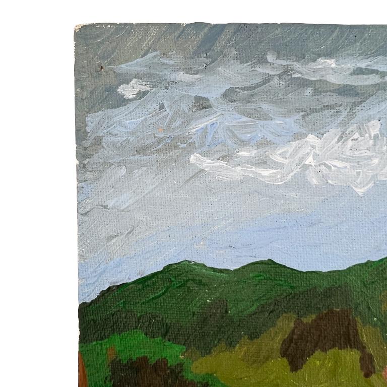 Vintage Green Mountain Landscape - Modernes Ölgemälde auf Karton aus der Mitte des Jahrhunderts (Arts and Crafts) im Angebot