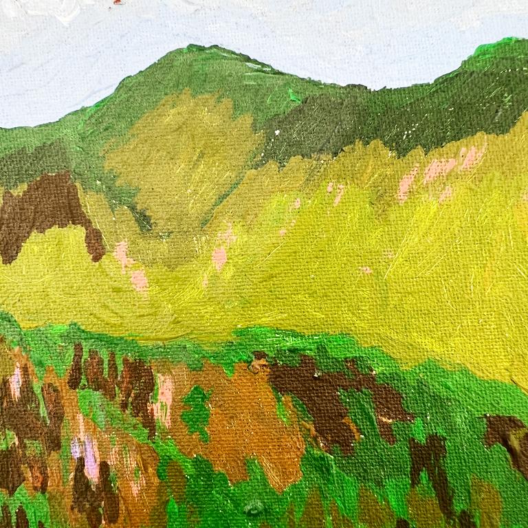 Vintage Green Mountain Landscape - Modernes Ölgemälde auf Karton aus der Mitte des Jahrhunderts (amerikanisch) im Angebot