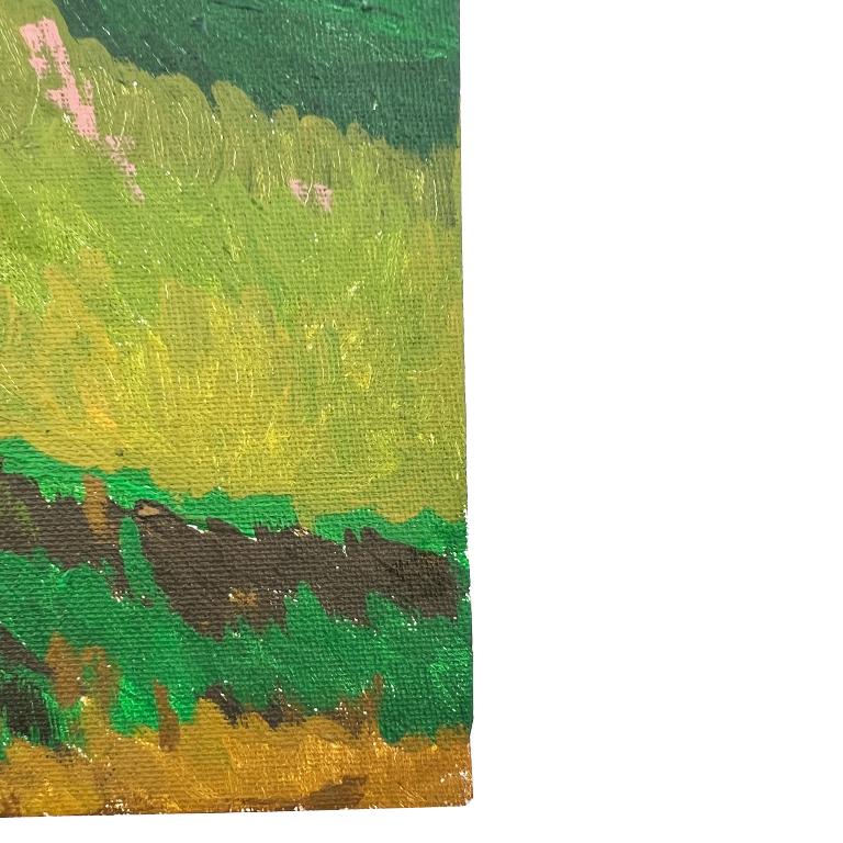 Vintage Green Mountain Landscape - Modernes Ölgemälde auf Karton aus der Mitte des Jahrhunderts im Zustand „Gut“ im Angebot in Oklahoma City, OK