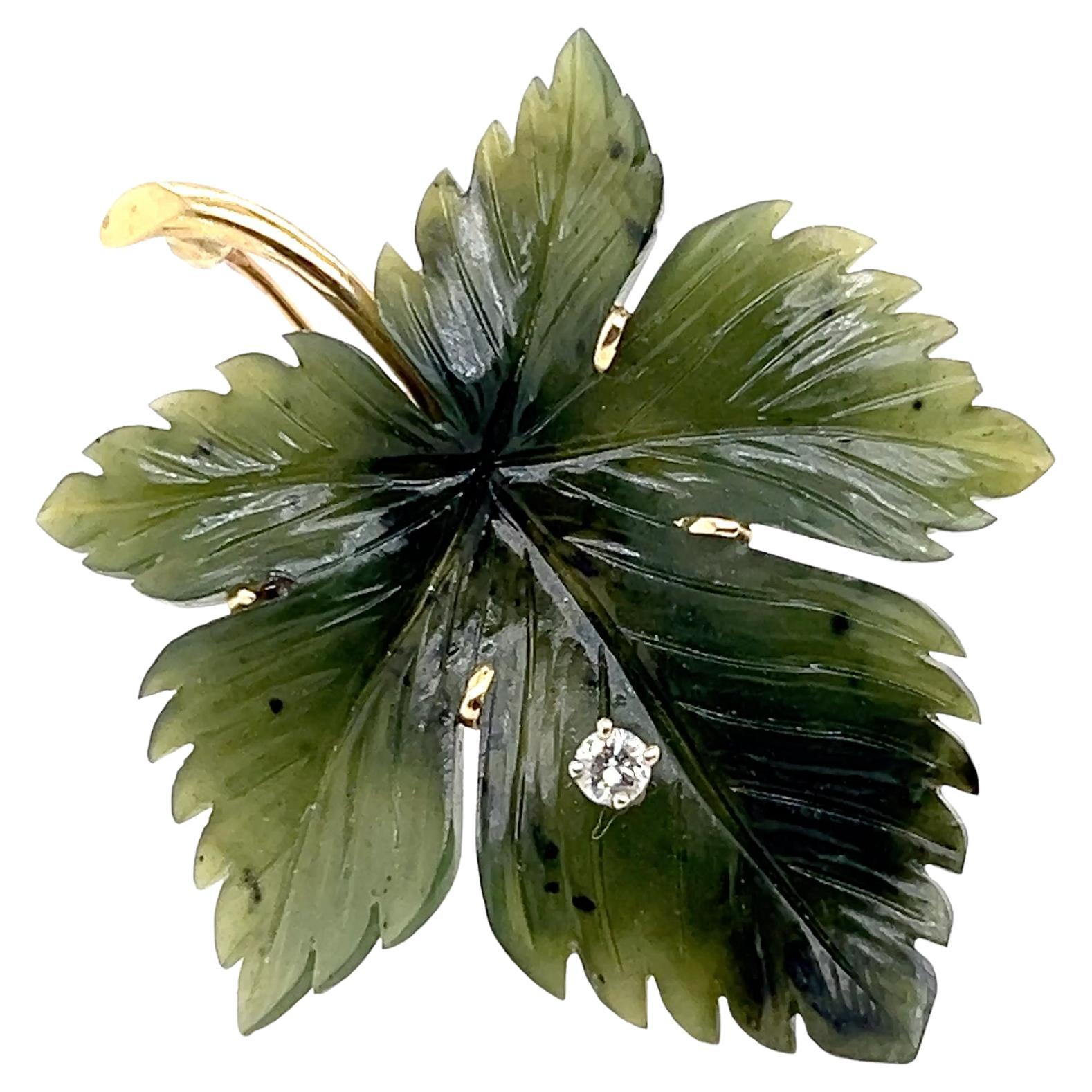 Vintage Green Nephrite Jade Diamond
14k Yellow Gold Maple Leaf Brooch 1970s
