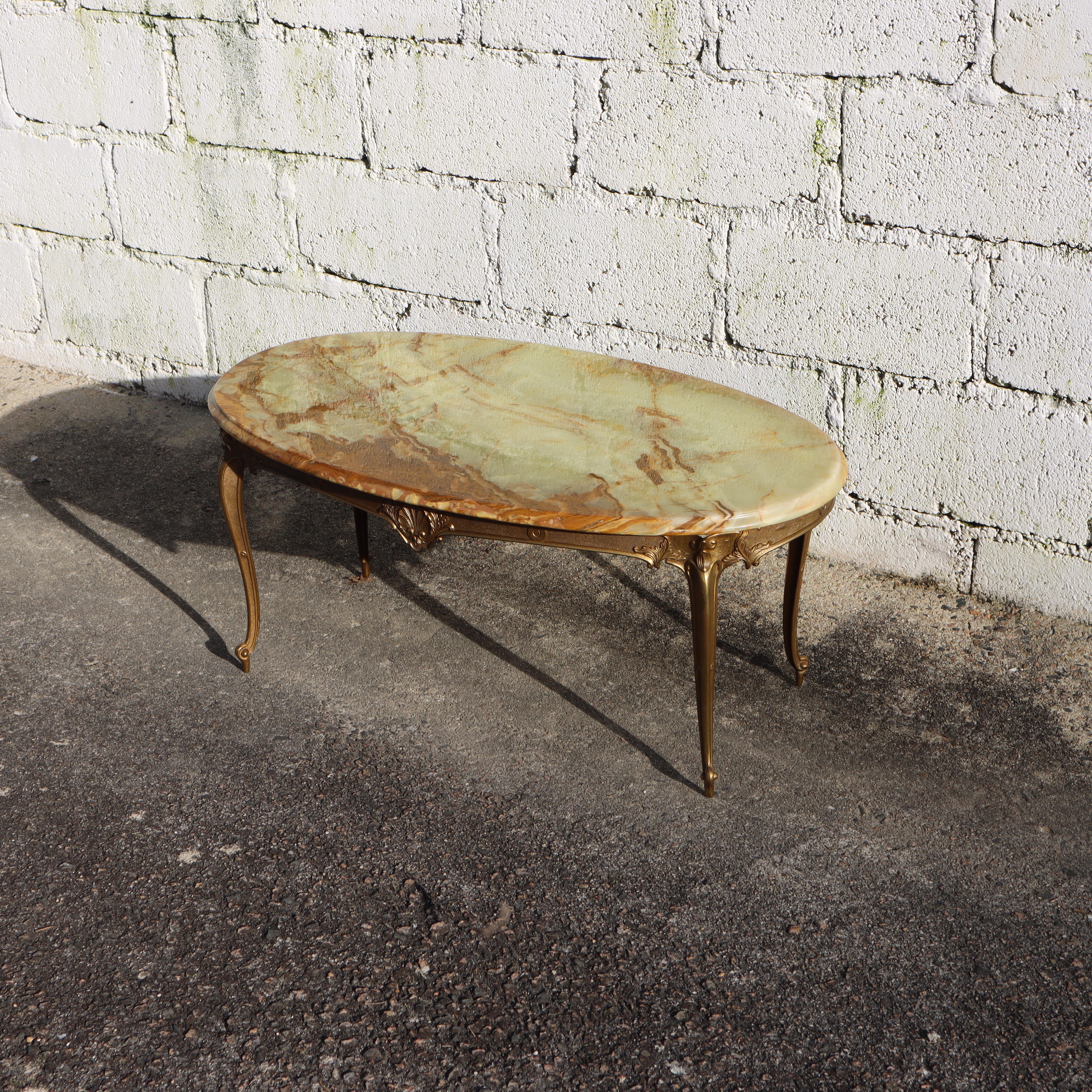 Louis XV Vintage green Onyx Marble and Brass Coffee Table-Cocktail Table-Lounge Table-60s