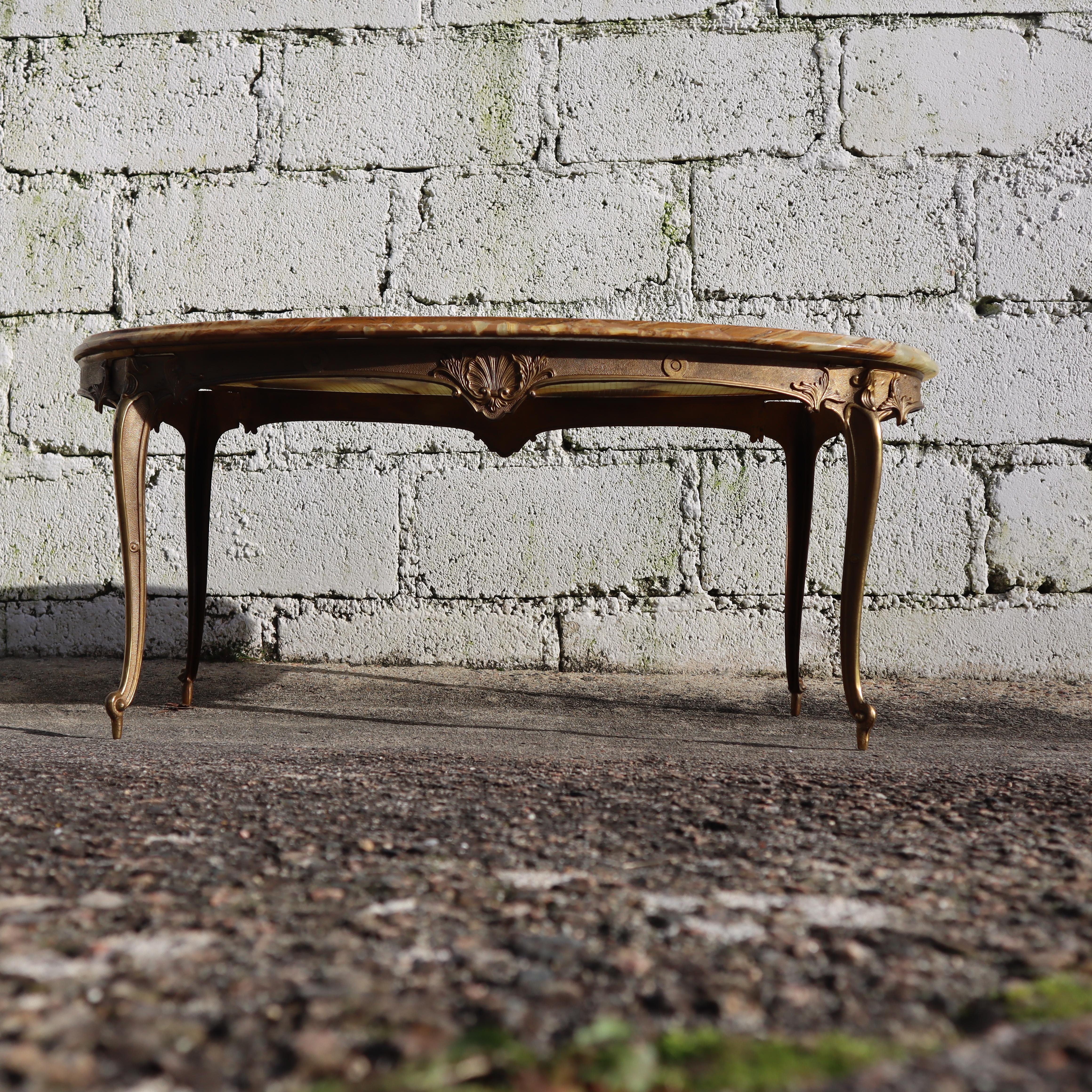 French Vintage green Onyx Marble and Brass Coffee Table-Cocktail Table-Lounge Table-60s