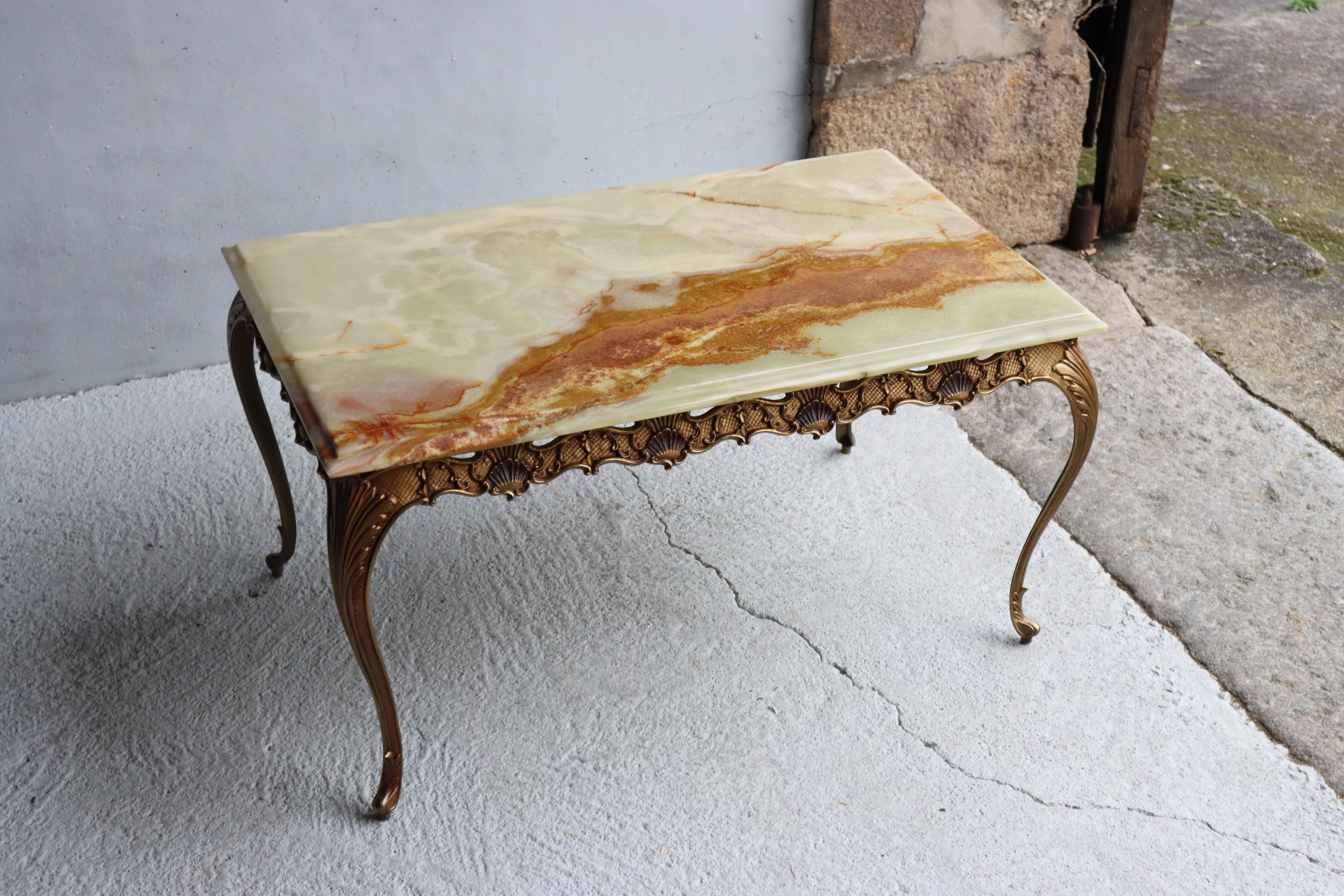 French Vintage green Onyx Marble &Bronze Coffee Table-Cocktail Table-Style Louis XV-70s