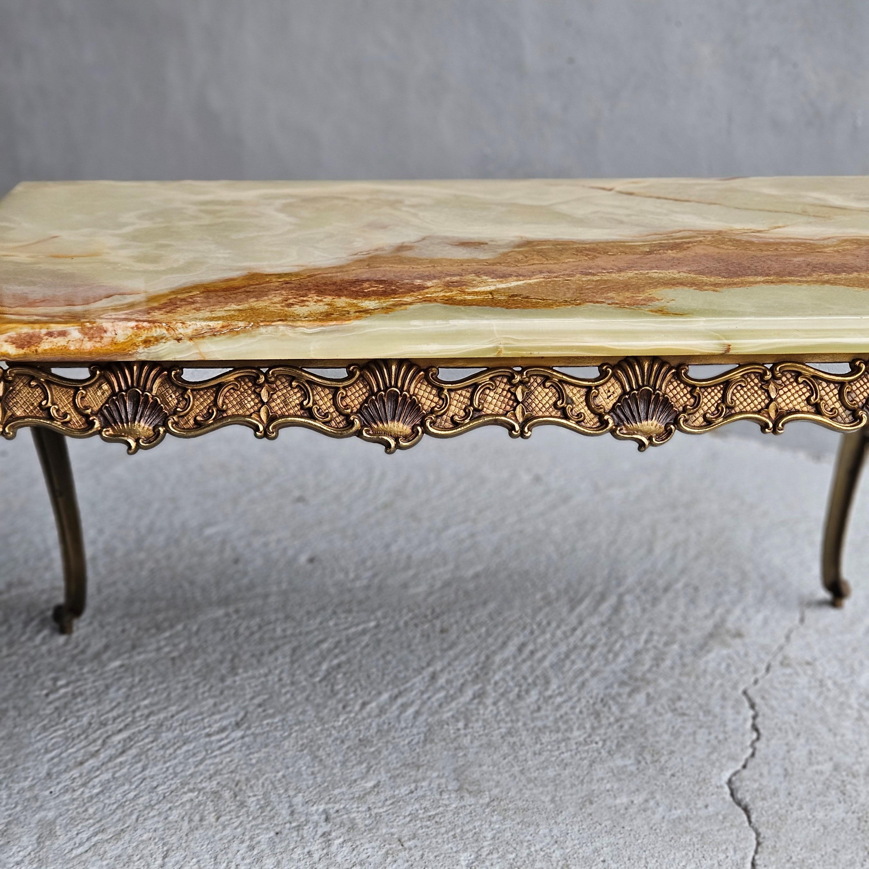 Vintage green Onyx Marble &Bronze Coffee Table-Cocktail Table-Style Louis XV-70s In Good Condition In Bussiere Dunoise, Nouvel Aquitaine