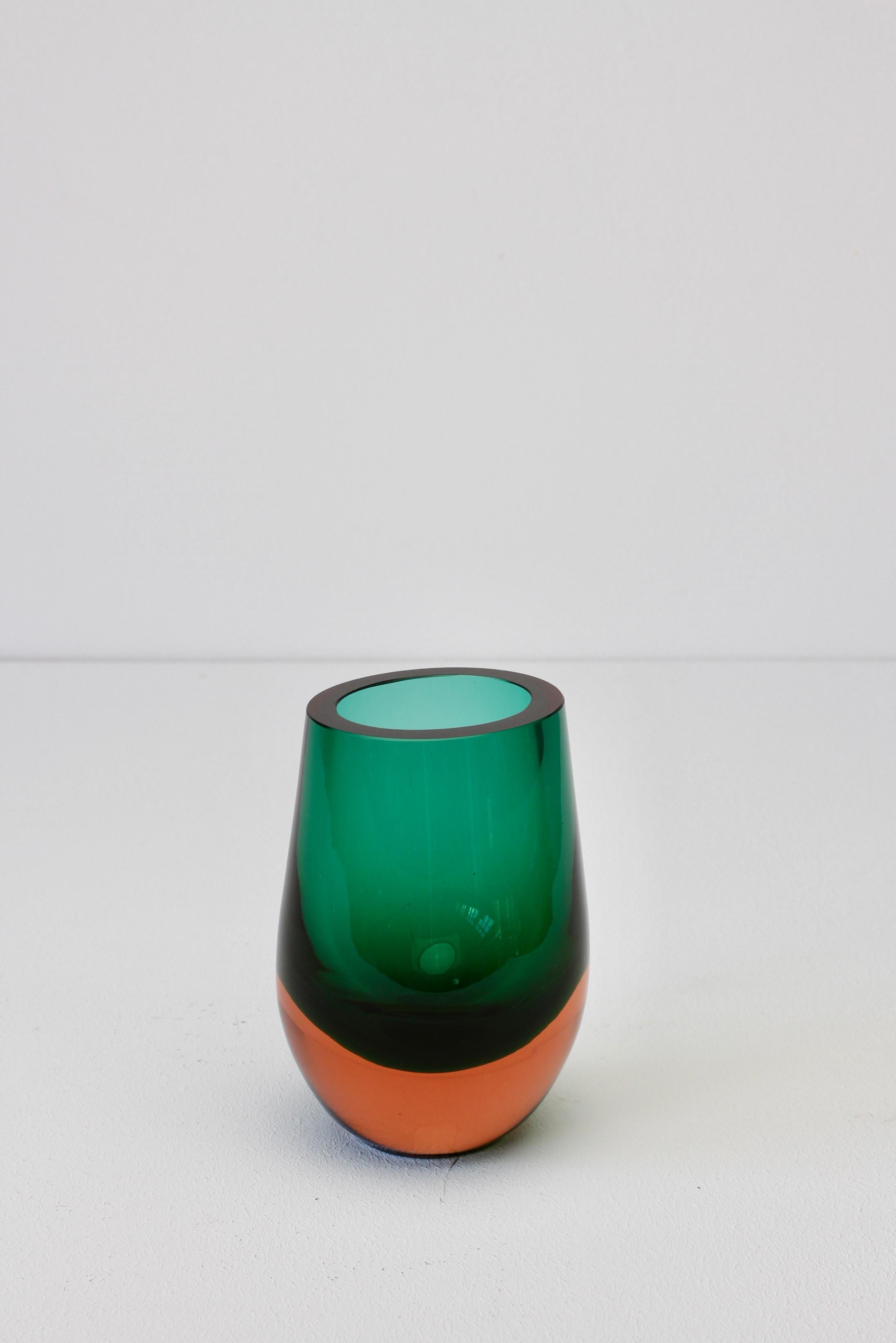 Mid-Century Modern Vintage Green and Orange Glass Vase by Konrad Habermeier for Gral Glas, 1965