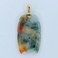 Vintage Green Orange White Tricolor Jadeite Jade Cicada 18K Yellow Gold Pendant