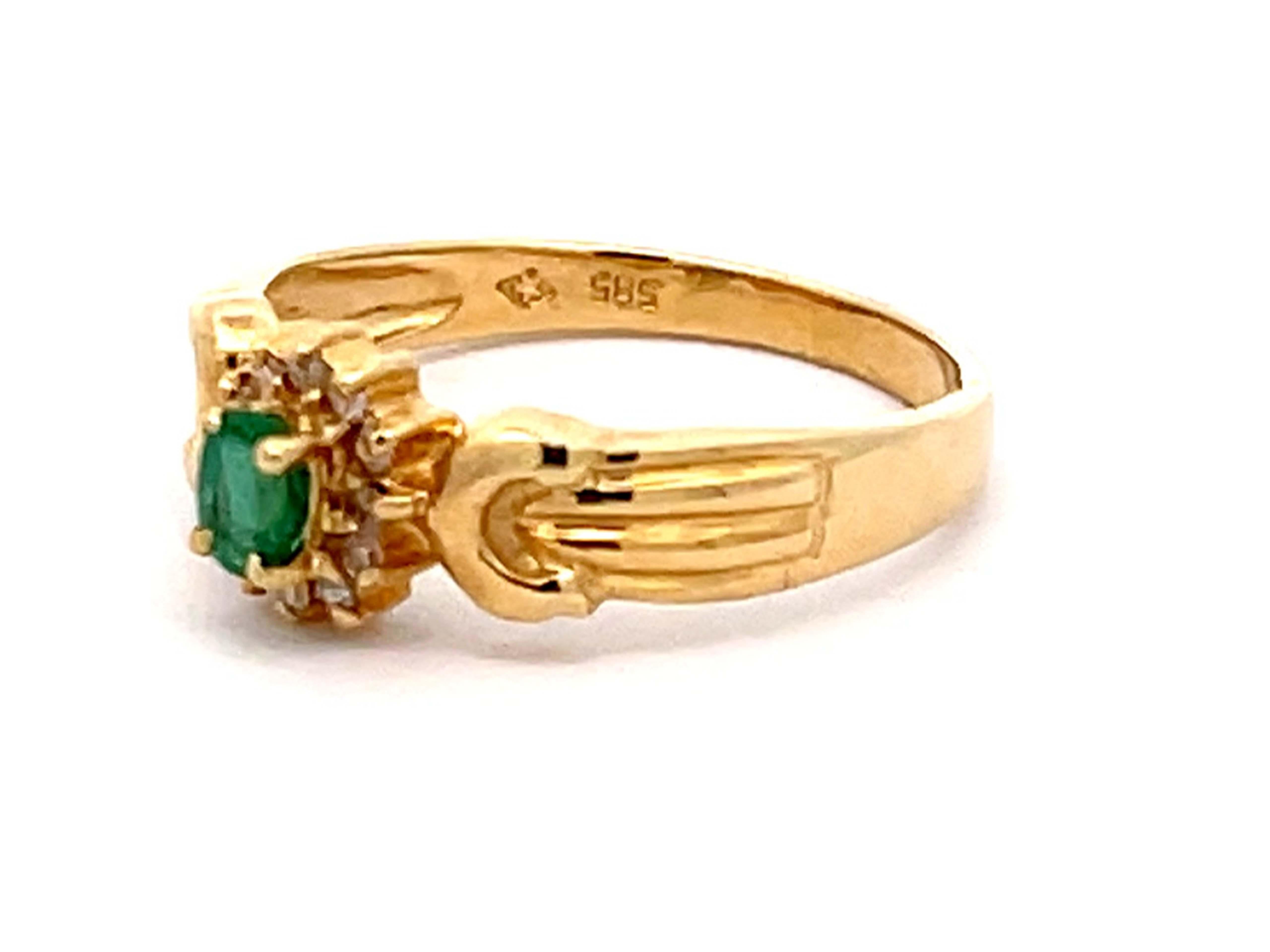 Modern Vintage Green Oval Emerald and Diamond Halo Ring in 14k Yellow Gold For Sale