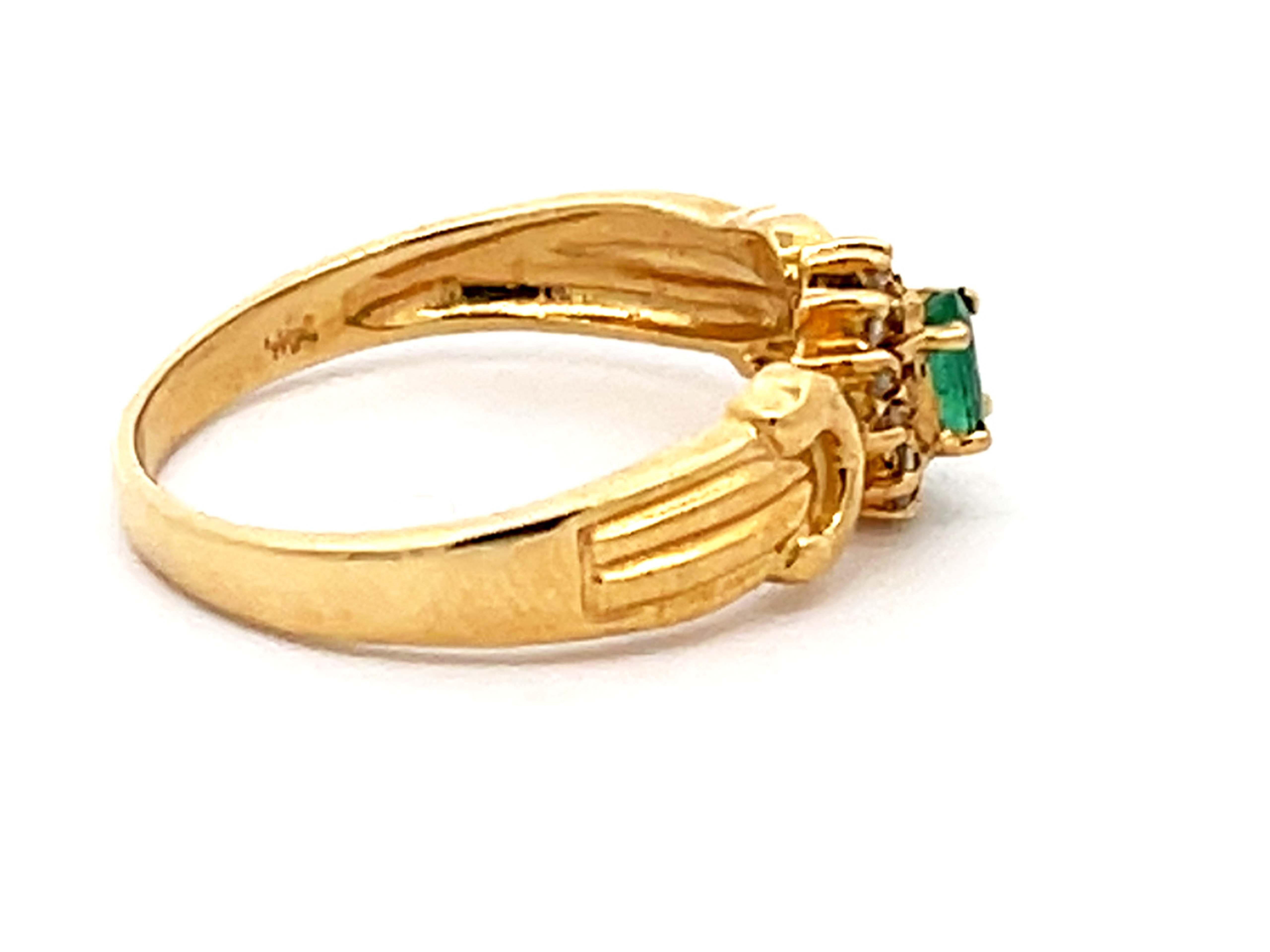 Oval Cut Vintage Green Oval Emerald and Diamond Halo Ring in 14k Yellow Gold For Sale