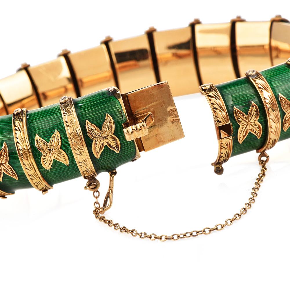 Retro Vintage Green Paillonne Green Enamel 18k Gold Snake Bracelet
