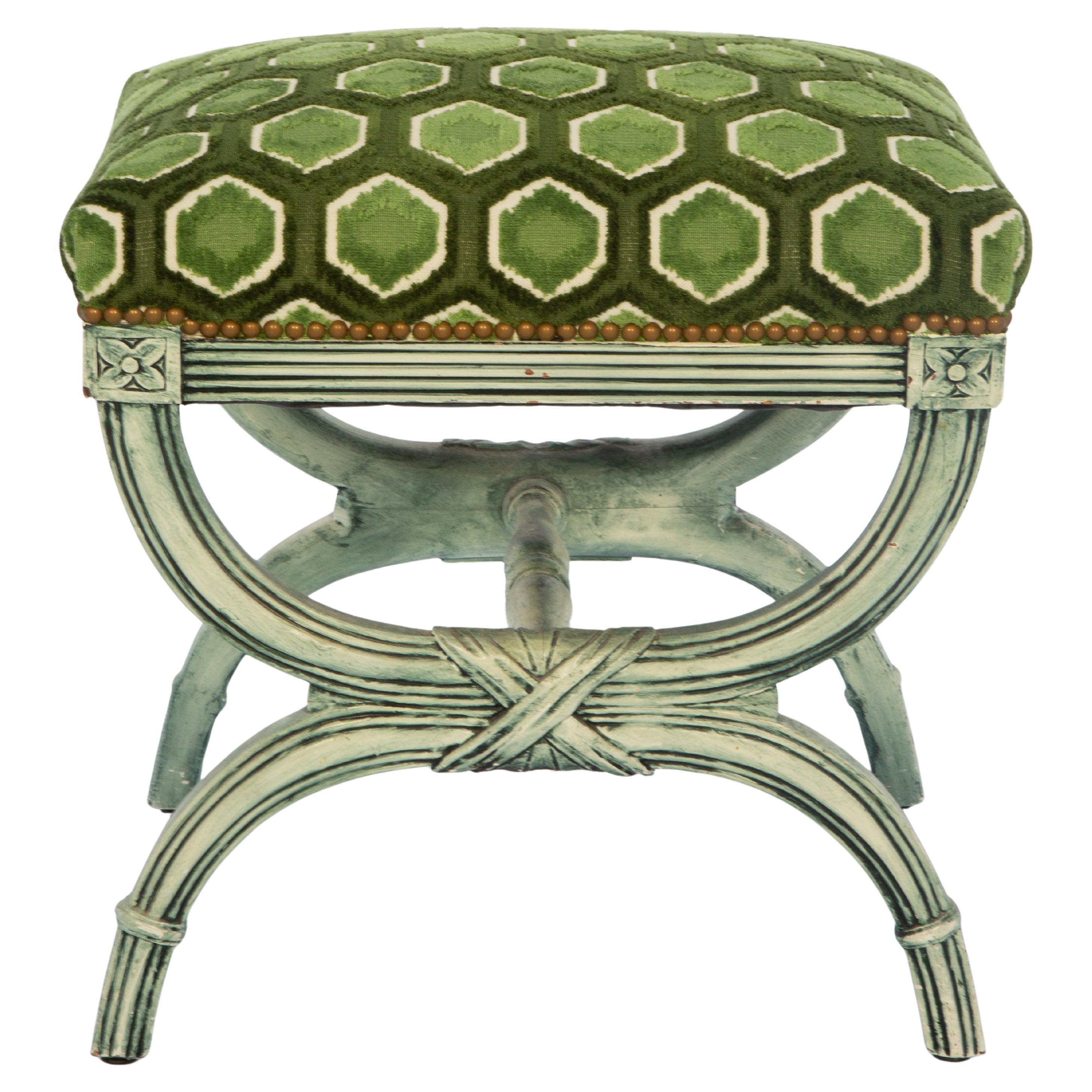 Vintage Green-Painted Curule Bench