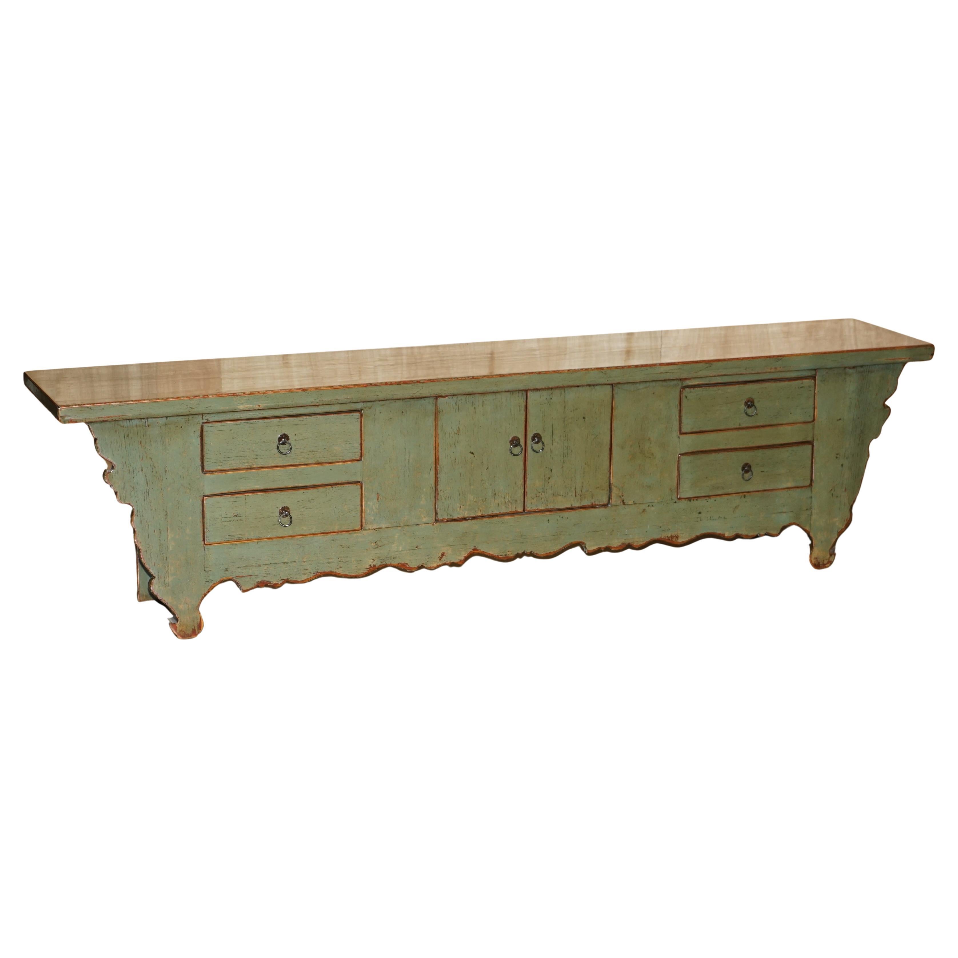 ViNTAGE GREEN PAINTED & LACQUERED ORIENTAL LOW SIDEBOARD WINDOW SEAT MEDIA STAND For Sale