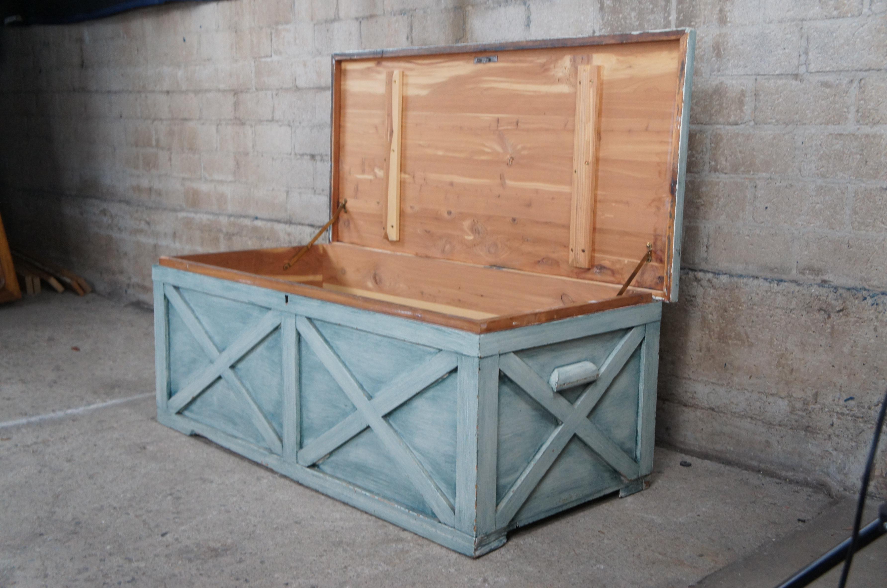 20th Century Vintage Green Painted Lattice Framed Cedar Lined Trunk Blanket Chest Boho Chic For Sale
