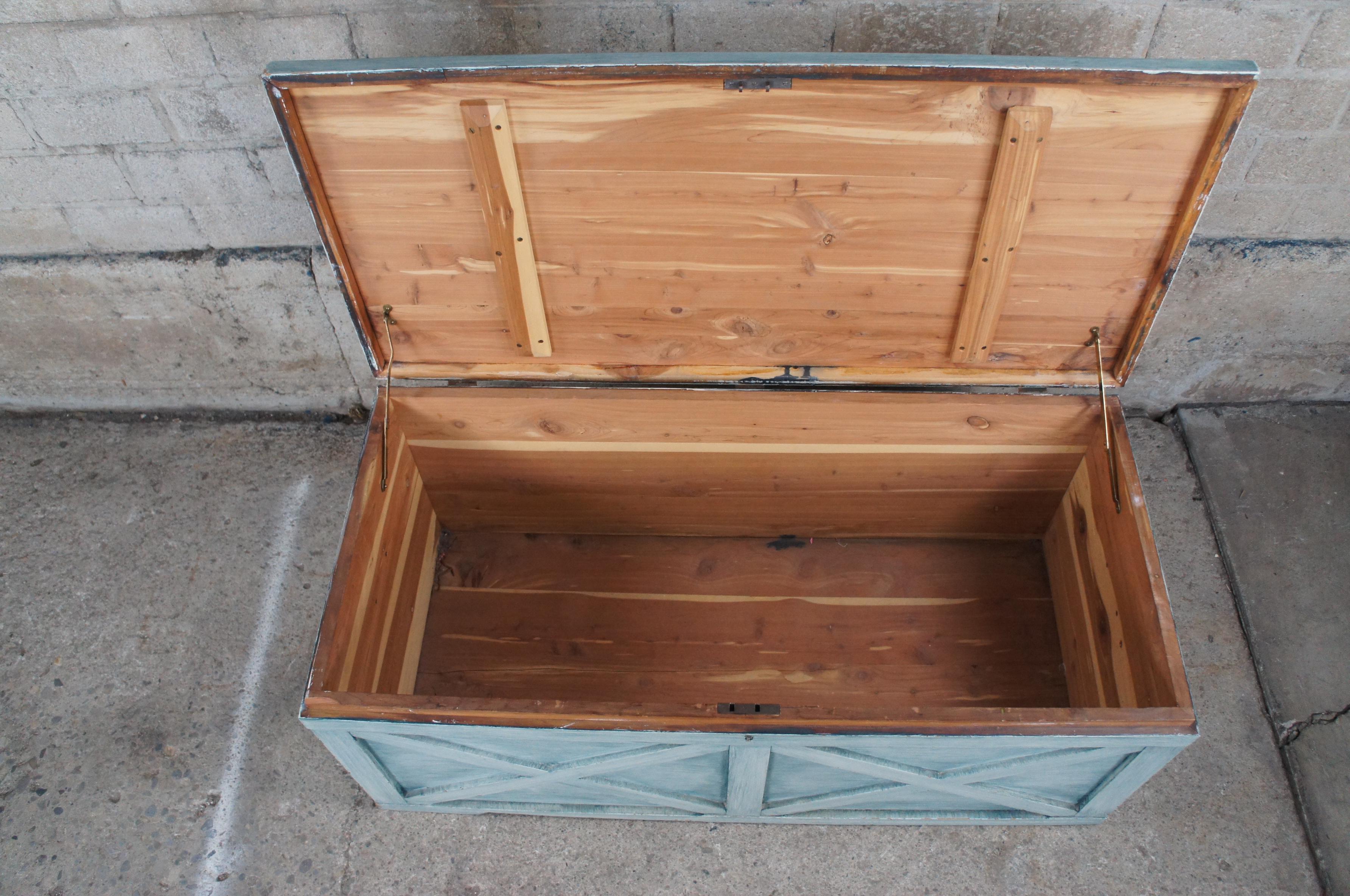 Hardwood Vintage Green Painted Lattice Framed Cedar Lined Trunk Blanket Chest Boho Chic For Sale