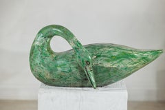 Vintage Green Painted Wooden Swan with Carved Curved Neck