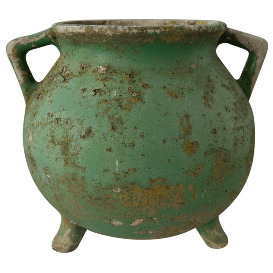 Vintage Green Patina French Cement Marmite Planter, circa 1950 For Sale
