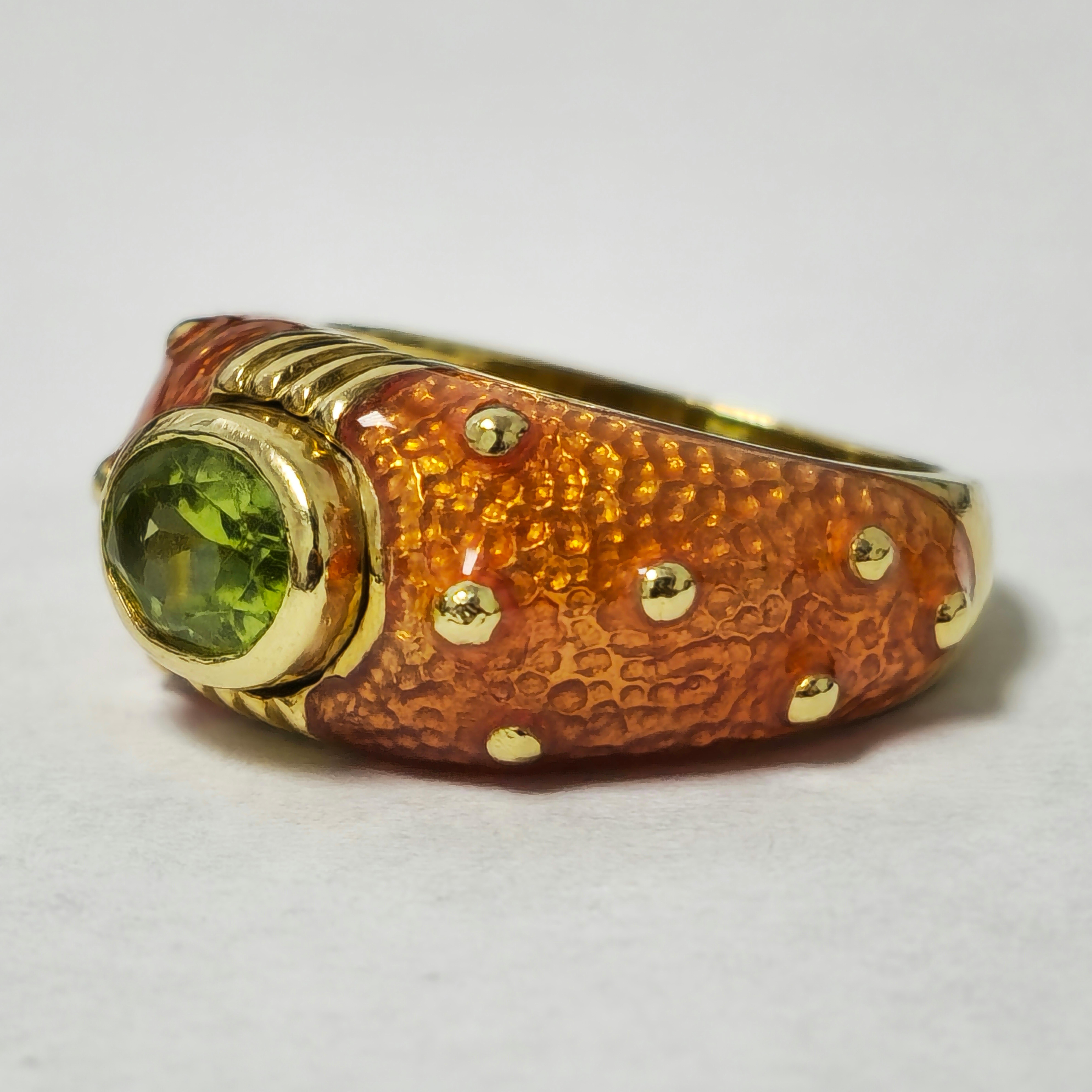 Add a touch of vintage elegance to your collection with this enchanting 10k yellow gold ring. At its heart lies a vibrant 1.22 carat green peridot, exuding vivid color and captivating saturation. Mined from the earth, this natural gemstone adds a
