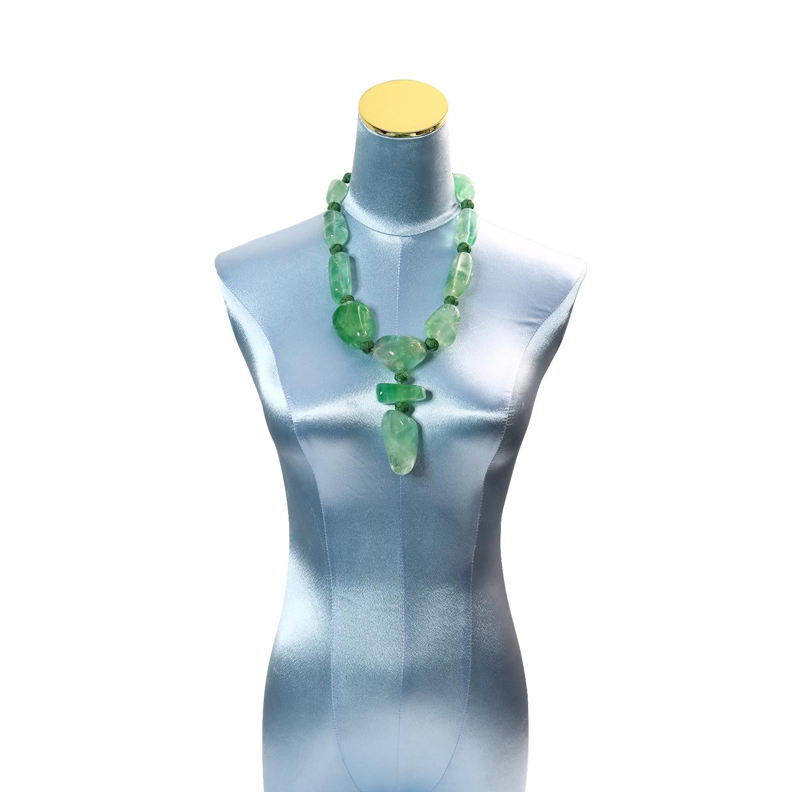Vintage Green Polished Quartz on Silk Knotted Cord Necklace. Magnificient Piece. The necklace piece is 24