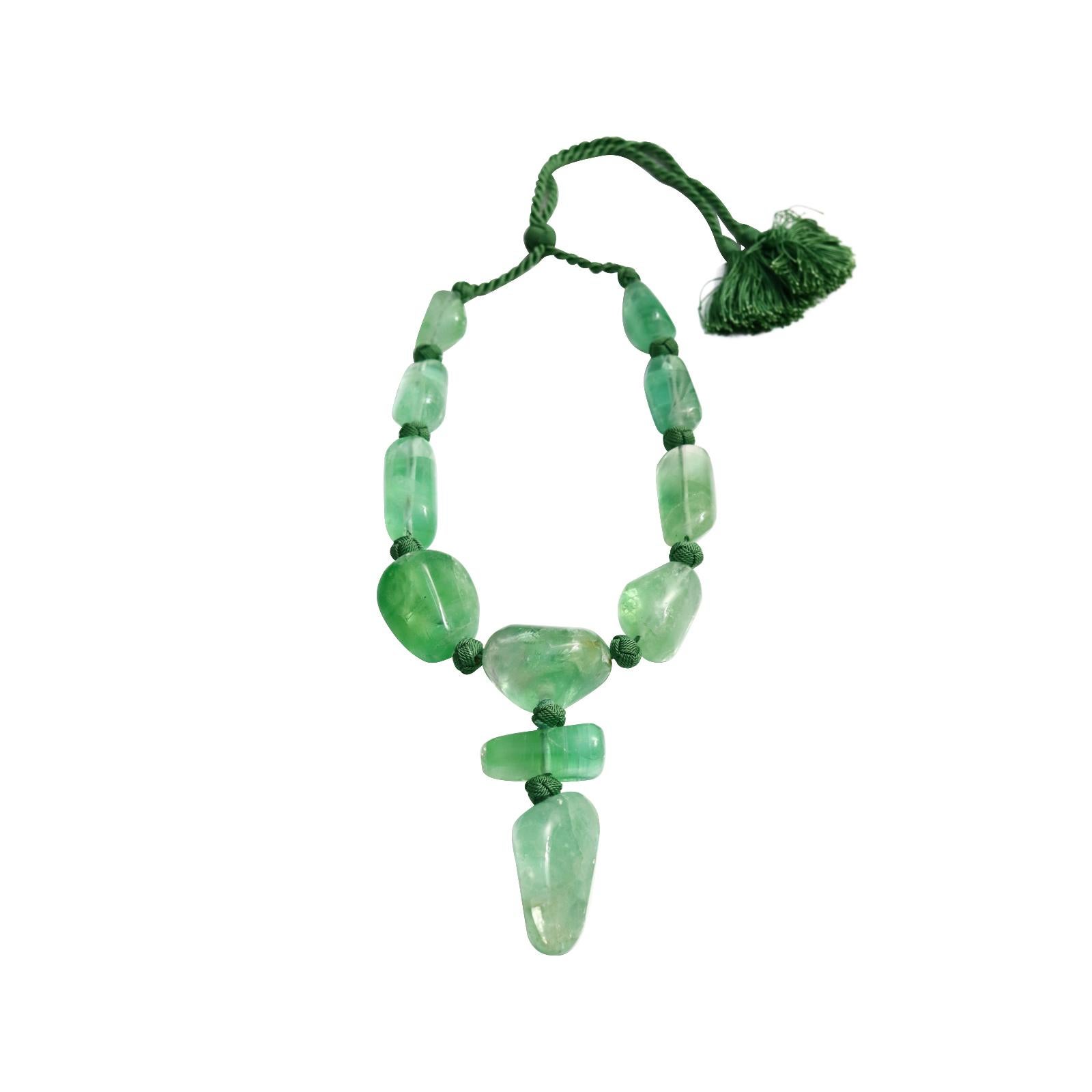 Vintage Monies Green Polished Quartz on Silk Knotted Cord Necklace Circa 2000s In Excellent Condition In New York, NY