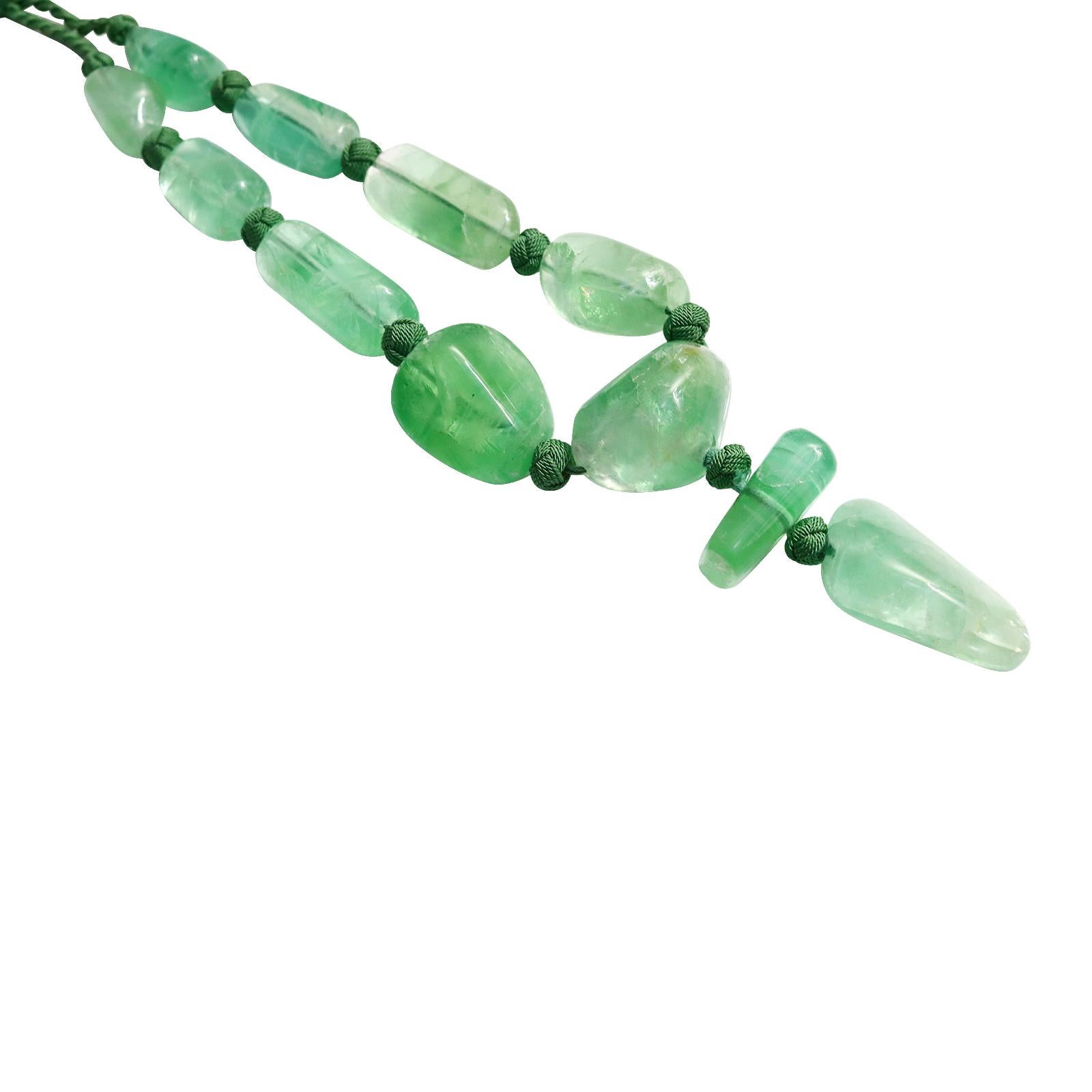 Women's or Men's Vintage Monies Green Polished Quartz on Silk Knotted Cord Necklace Circa 2000s
