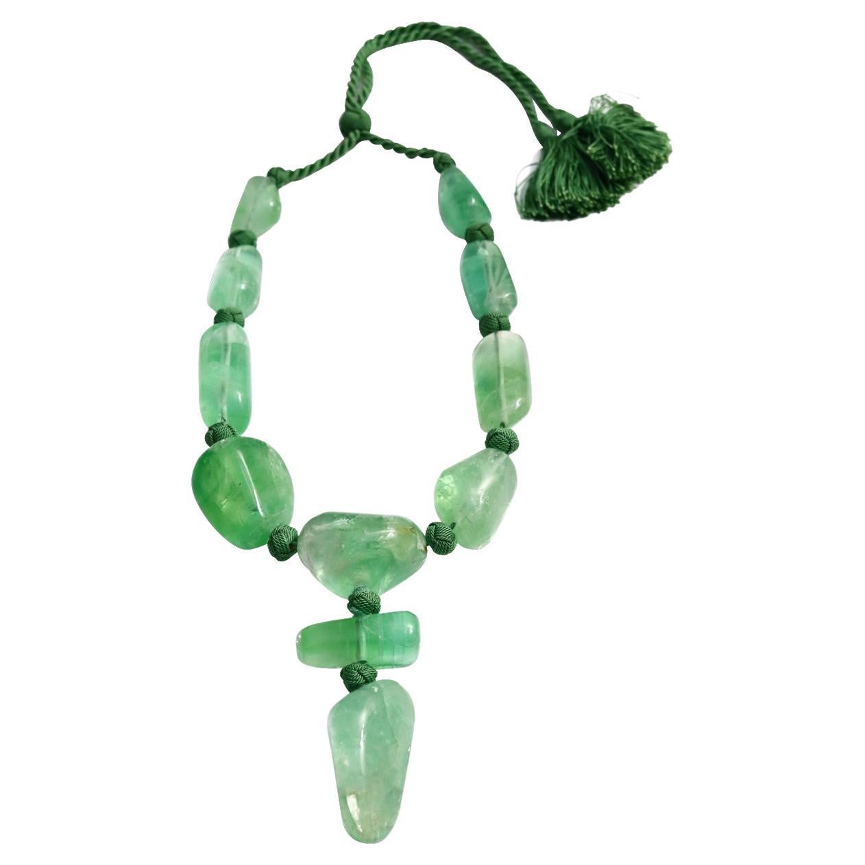 Vintage Monies Green Polished Quartz on Silk Knotted Cord Necklace Circa 2000s