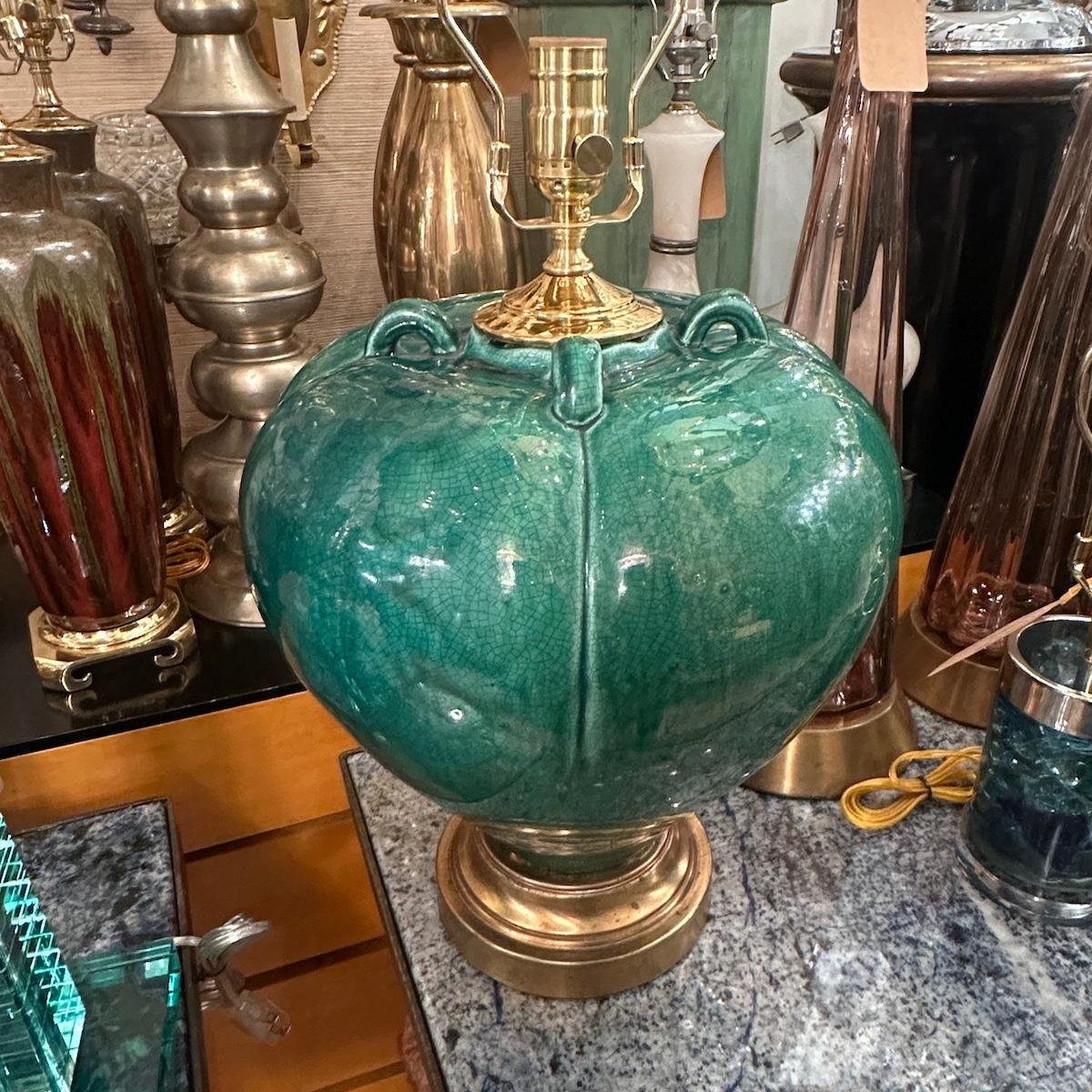Vintage Green Porcelian Lamp In Good Condition For Sale In New York, NY