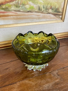 Vintage Green Pressed Glass Bowl with Scalloped Rim and Silver-Toned Floral base