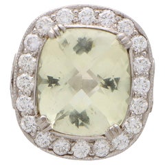 Vintage Green Quartz and Diamond Cluster Ring Set in Platinum