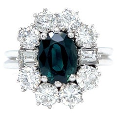 Vintage Green Sapphire Diamond 18 Karat White Gold Cluster Ring