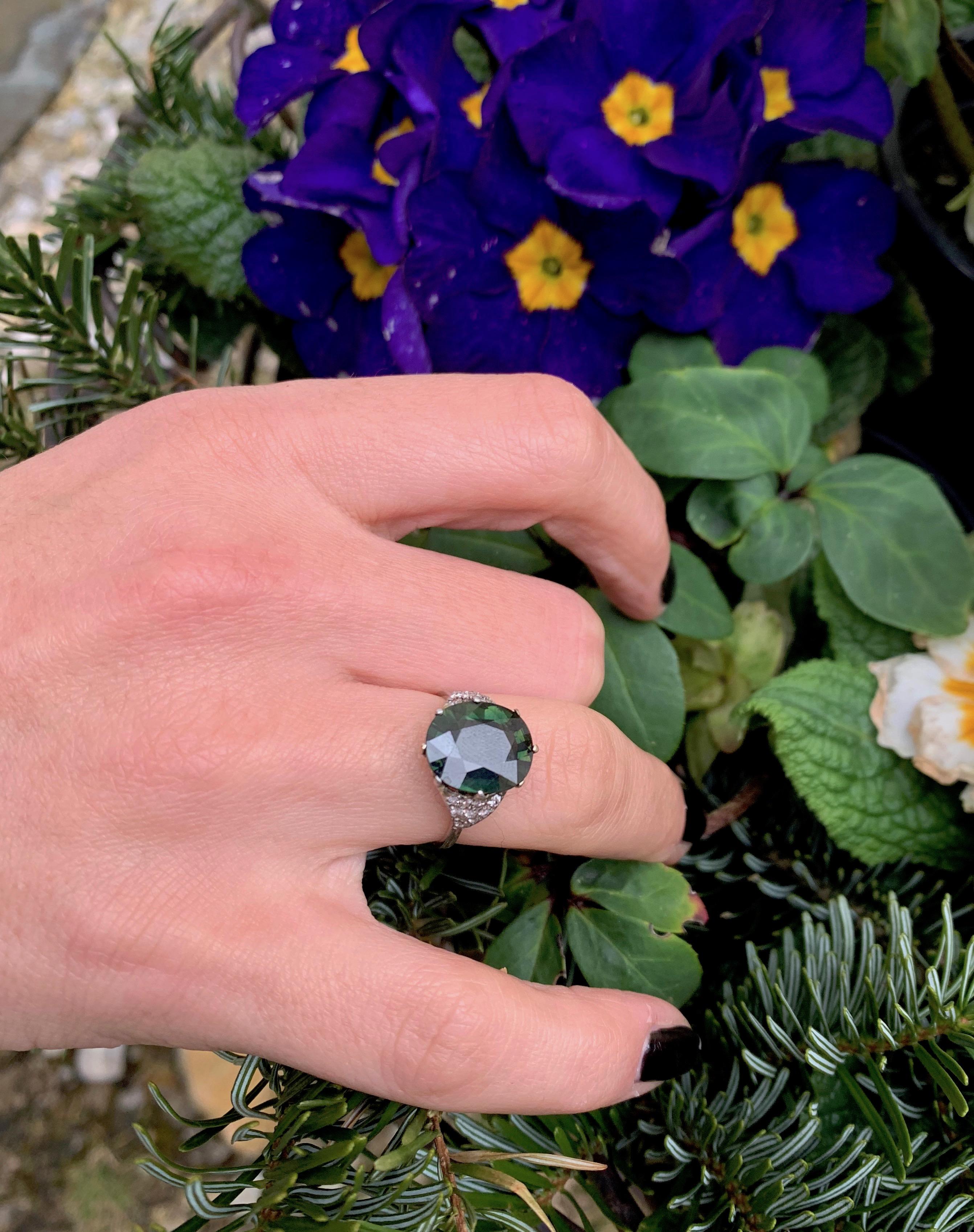 Oval Cut Vintage Untreated Unheated Green Sapphire Diamond Platinum Ring