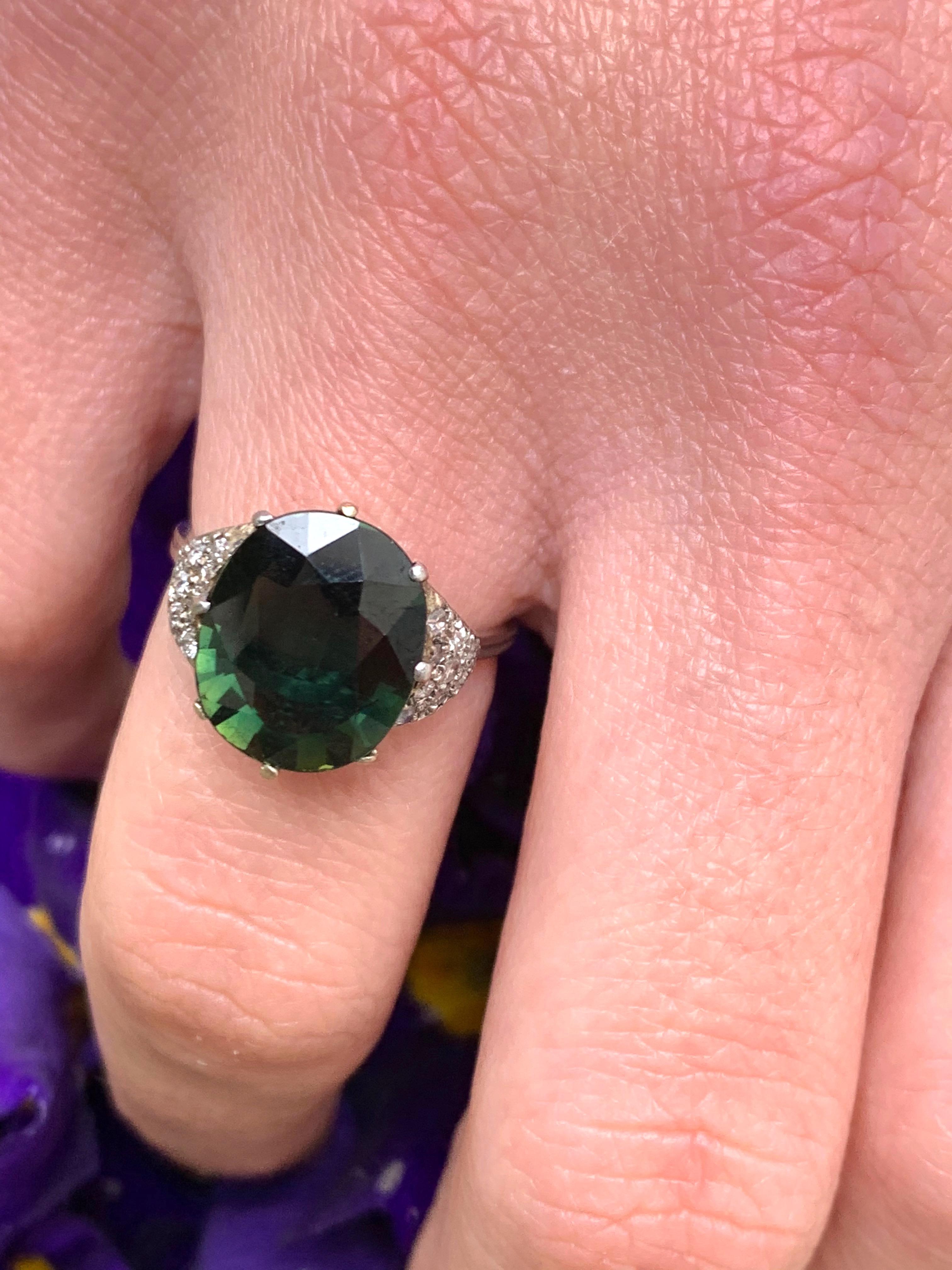 Women's Vintage Untreated Unheated Green Sapphire Diamond Platinum Ring