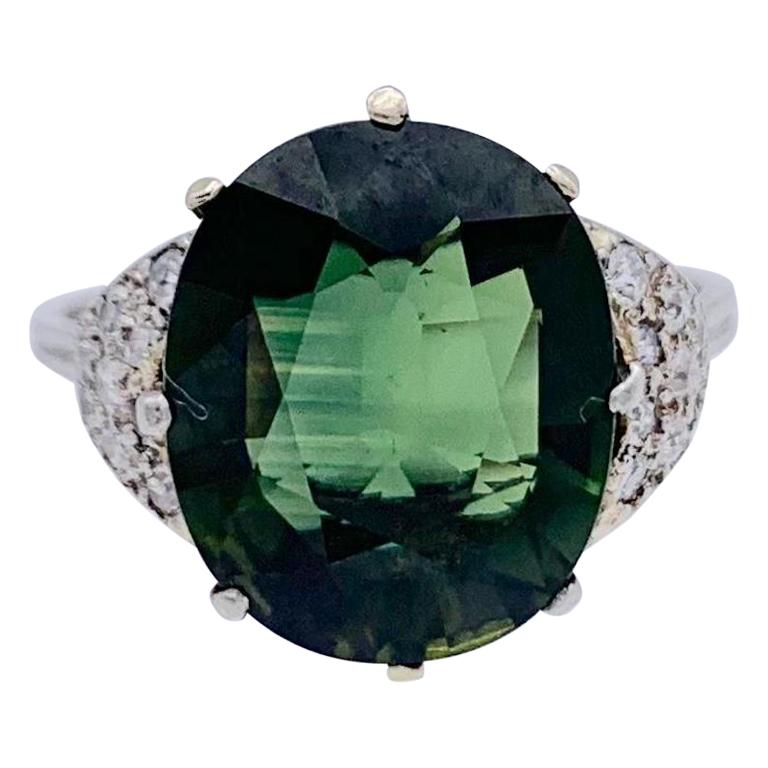 Vintage Untreated Unheated Green Sapphire Diamond Platinum Ring