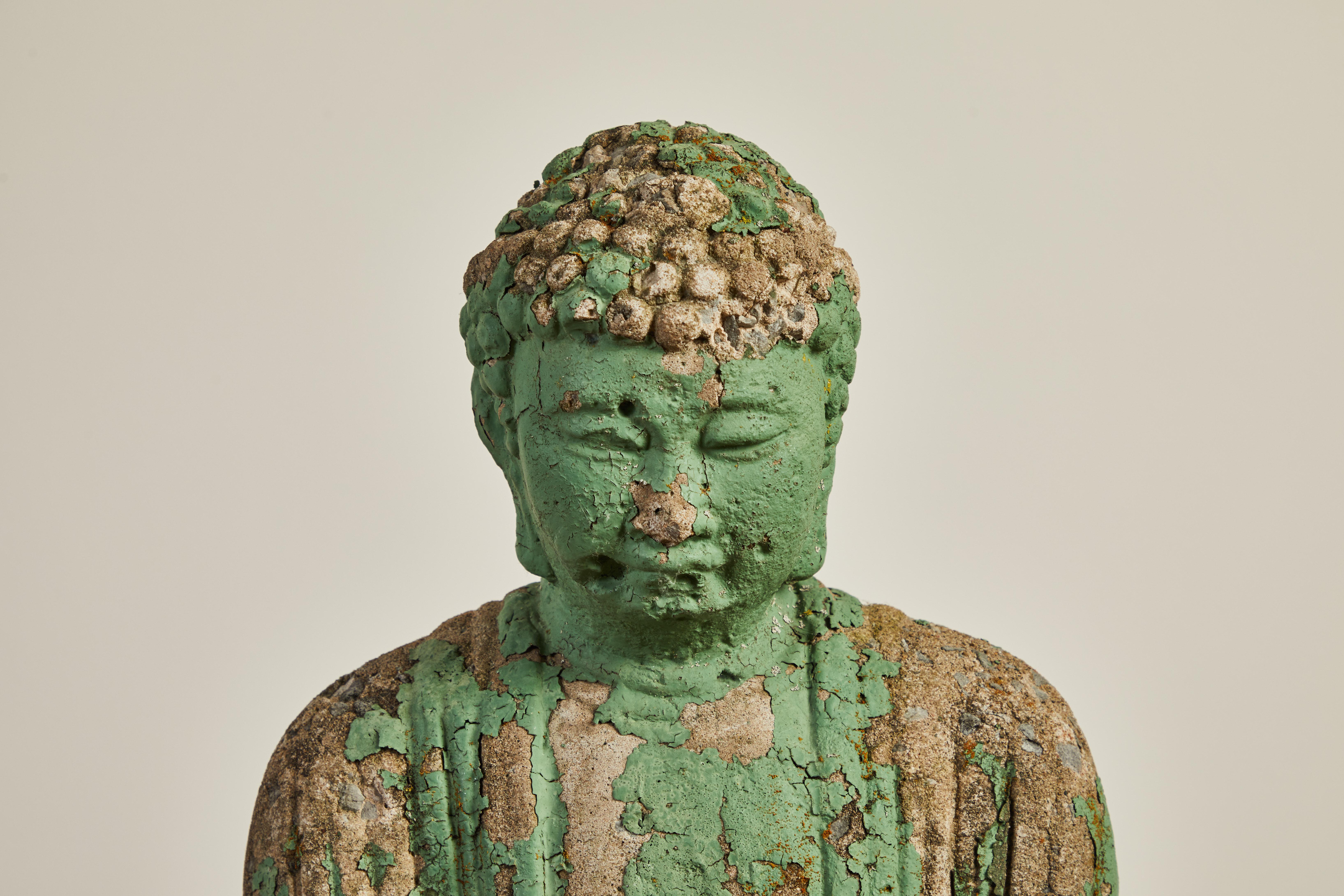 Vintage Buddha with original green paint with heavy patina. The sculpture can be applied indoors or outdoors.