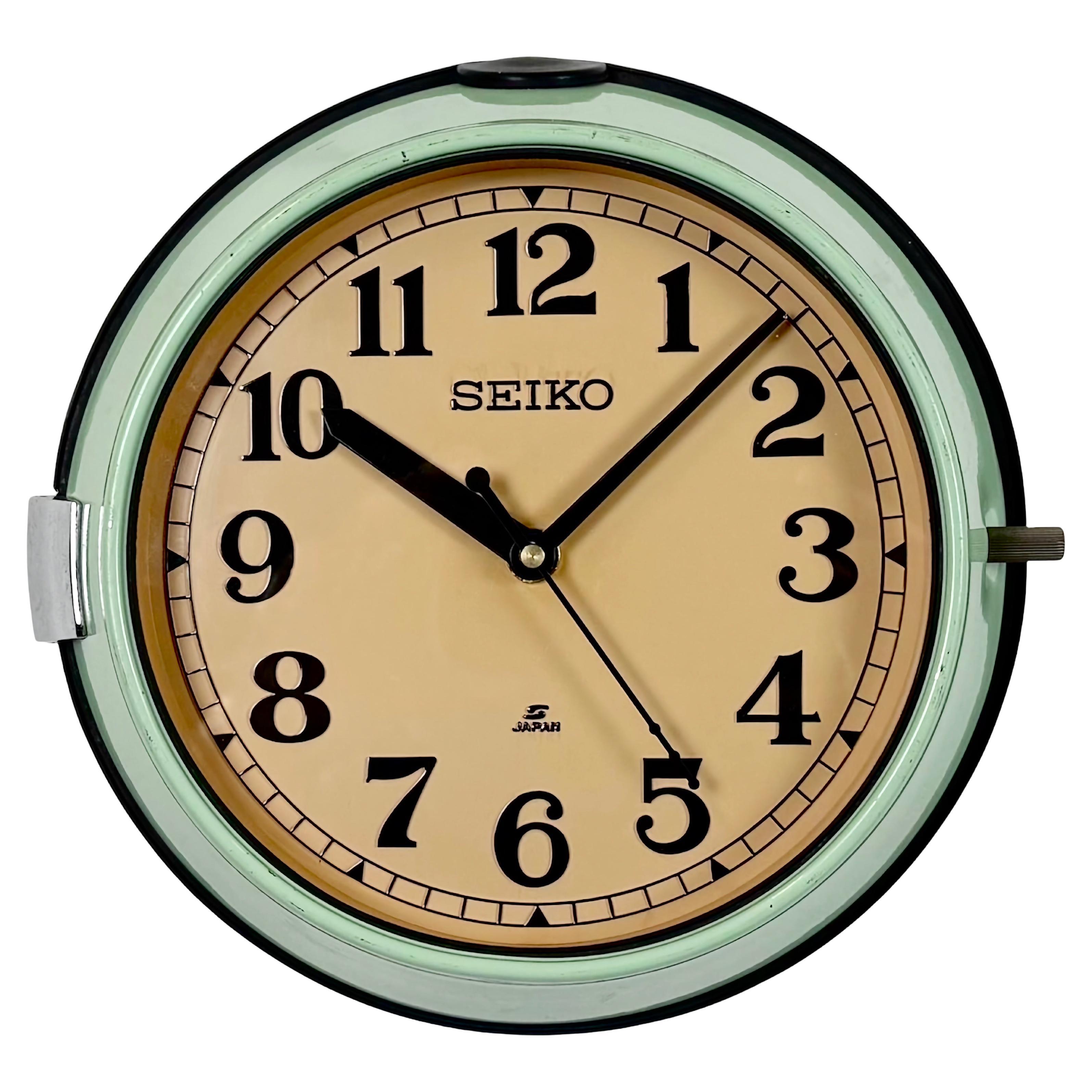 Reloj de pared de barcos Seiko verde vintage, años 70
