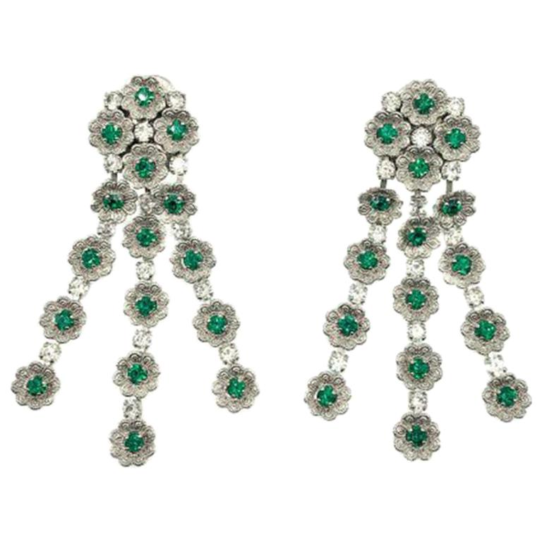 Vintage Green & Silver Floral Cascade Earrings 1960s