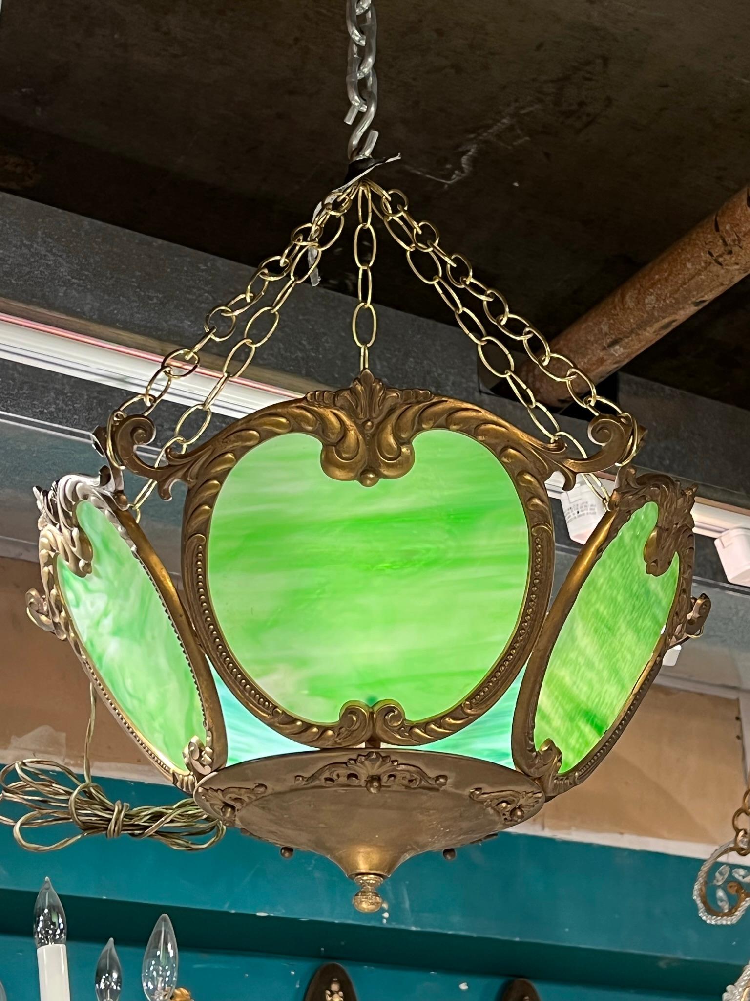 Green Slag Glass Chandelier in the Arts and Crafts Style in good working condition.