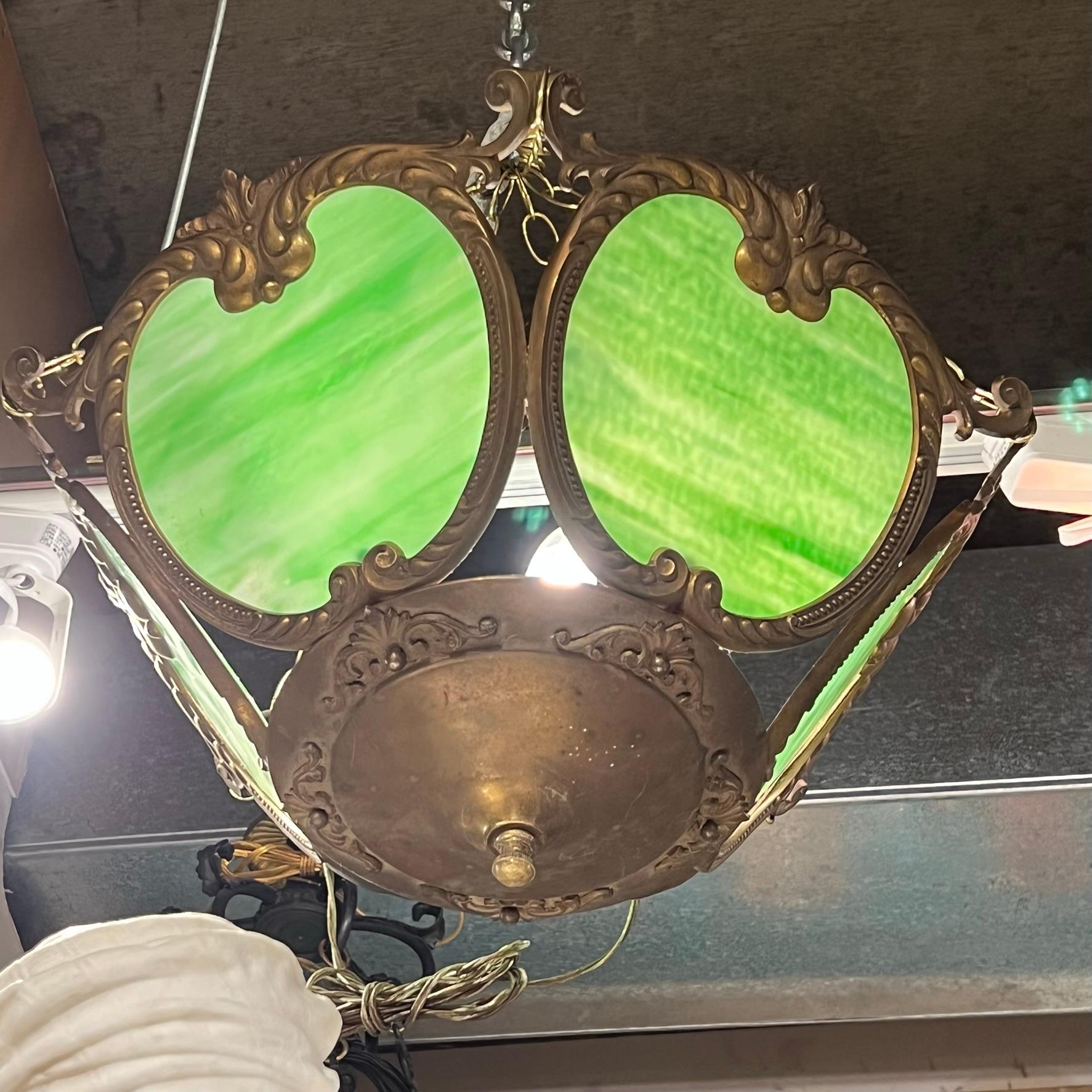 Unknown Vintage Green Slag Glass and Bronze Chandelier in Arts and Crafts Style For Sale