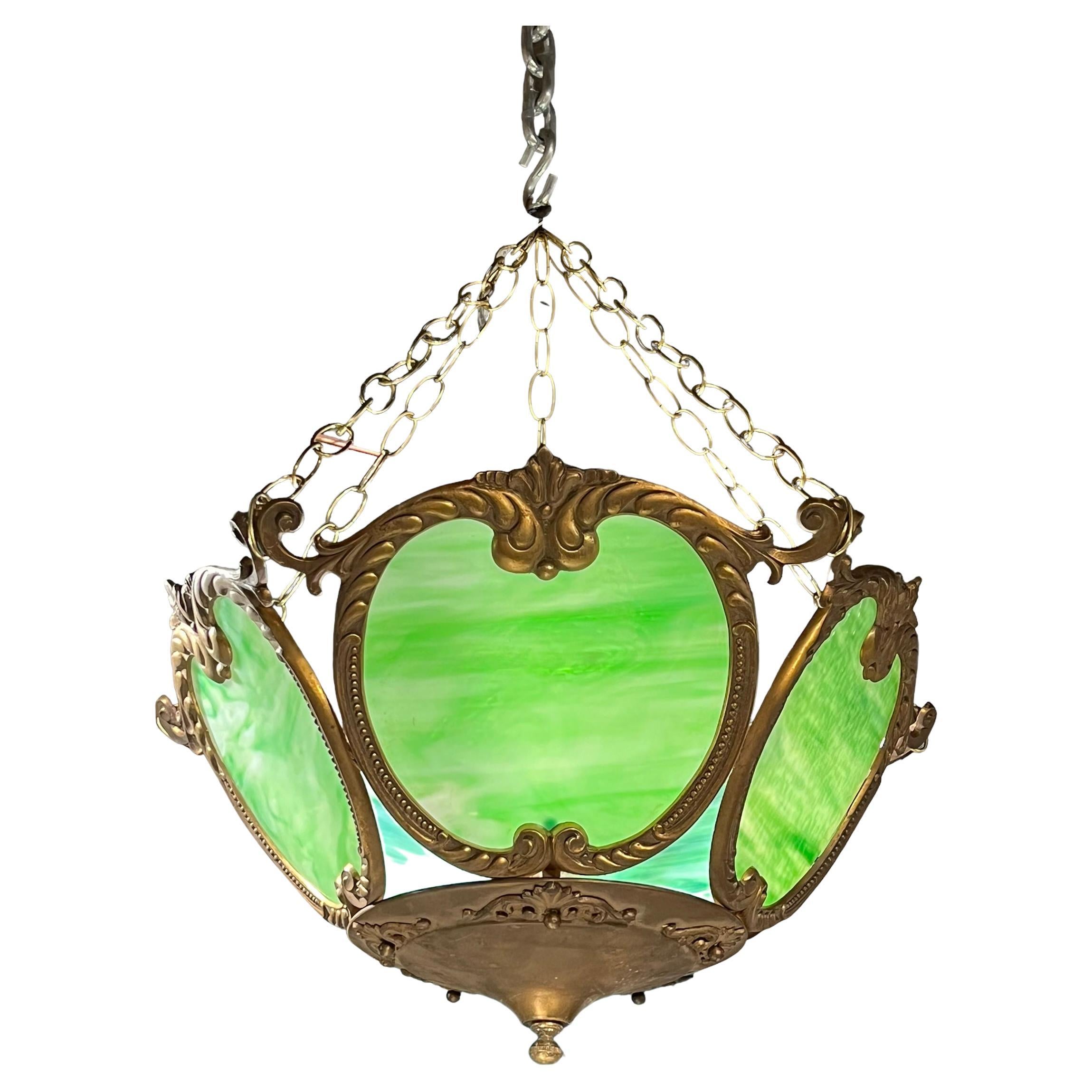 Vintage Green Slag Glass and Bronze Chandelier in Arts and Crafts Style For Sale