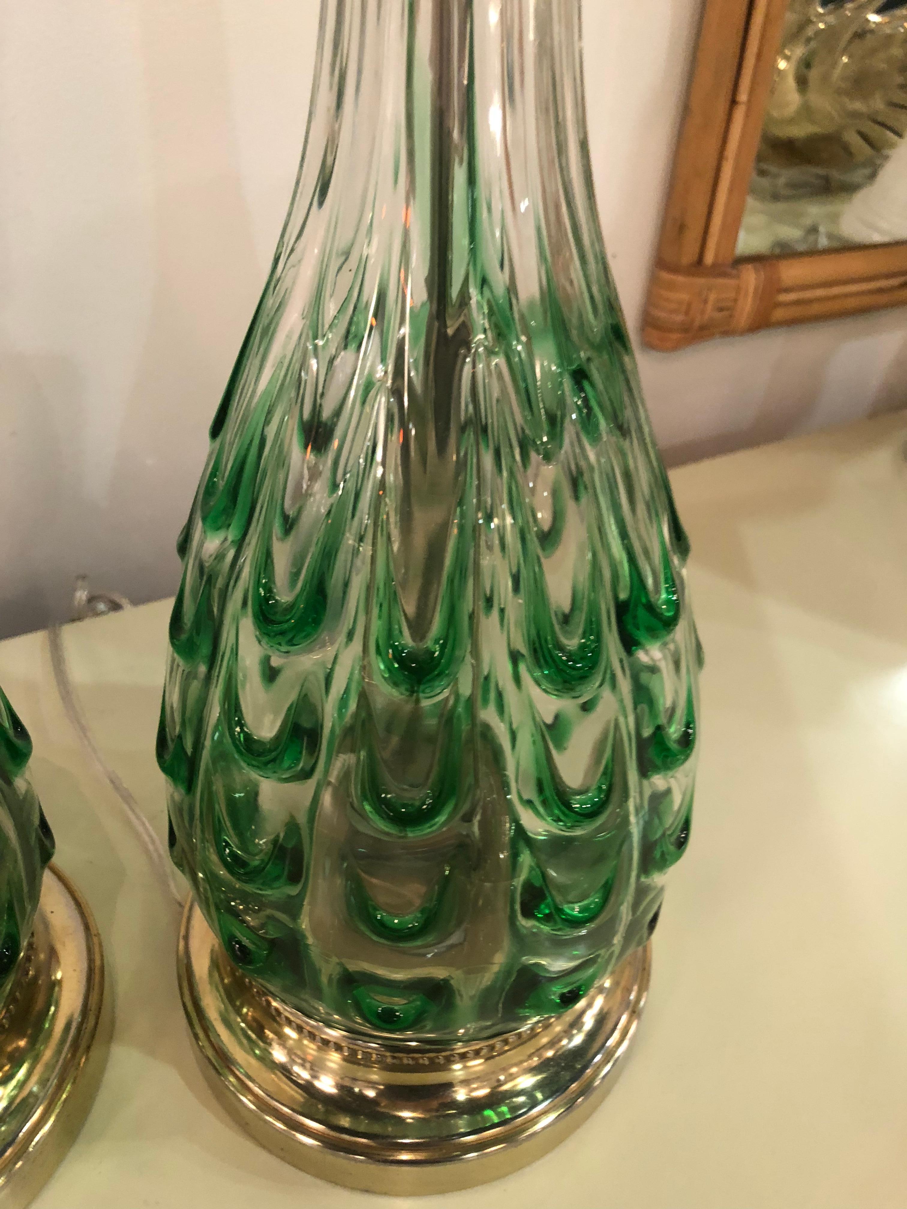 Vintage Green Swirl Glass Murano Pair of Table Lamps Brass Lucite Italian 5