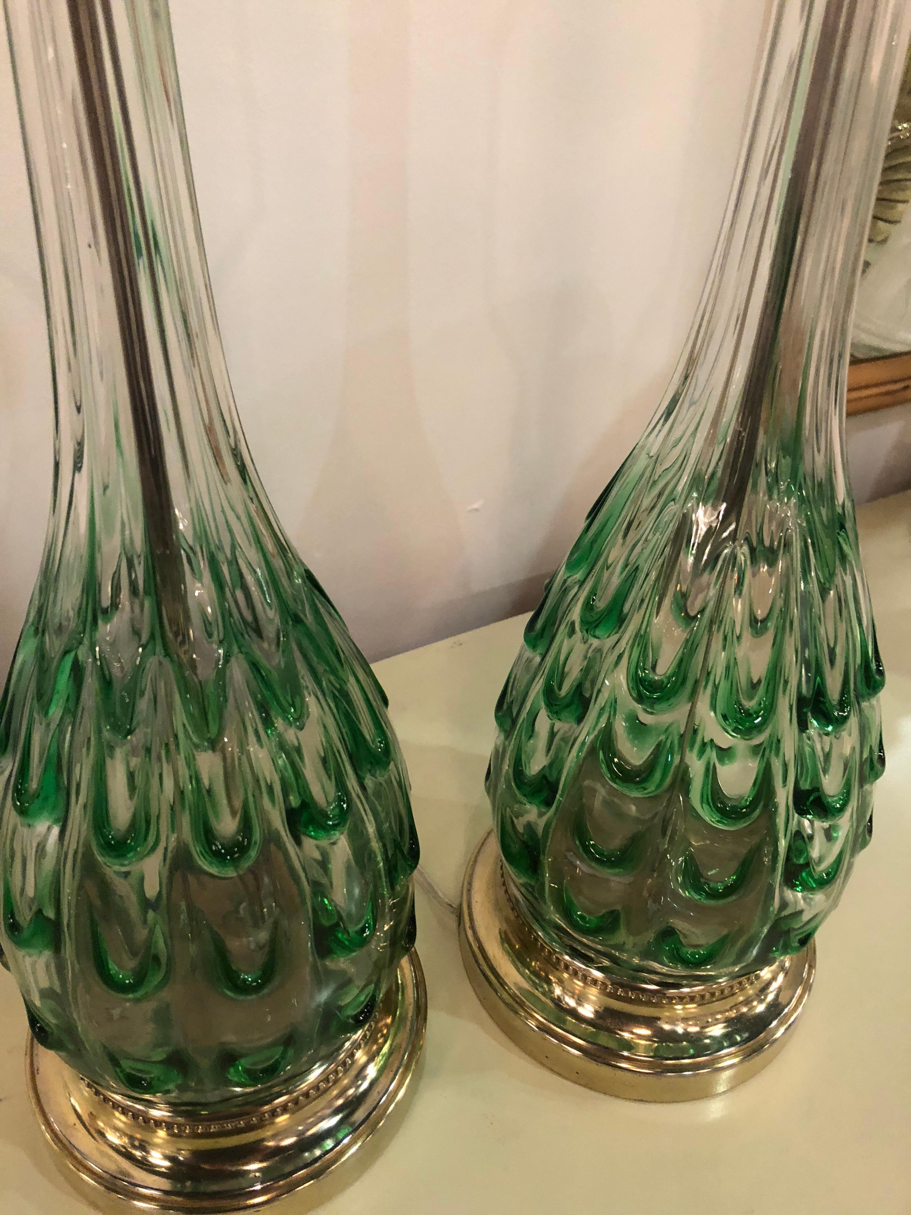 Vintage Green Swirl Glass Murano Pair of Table Lamps Brass Lucite Italian 6