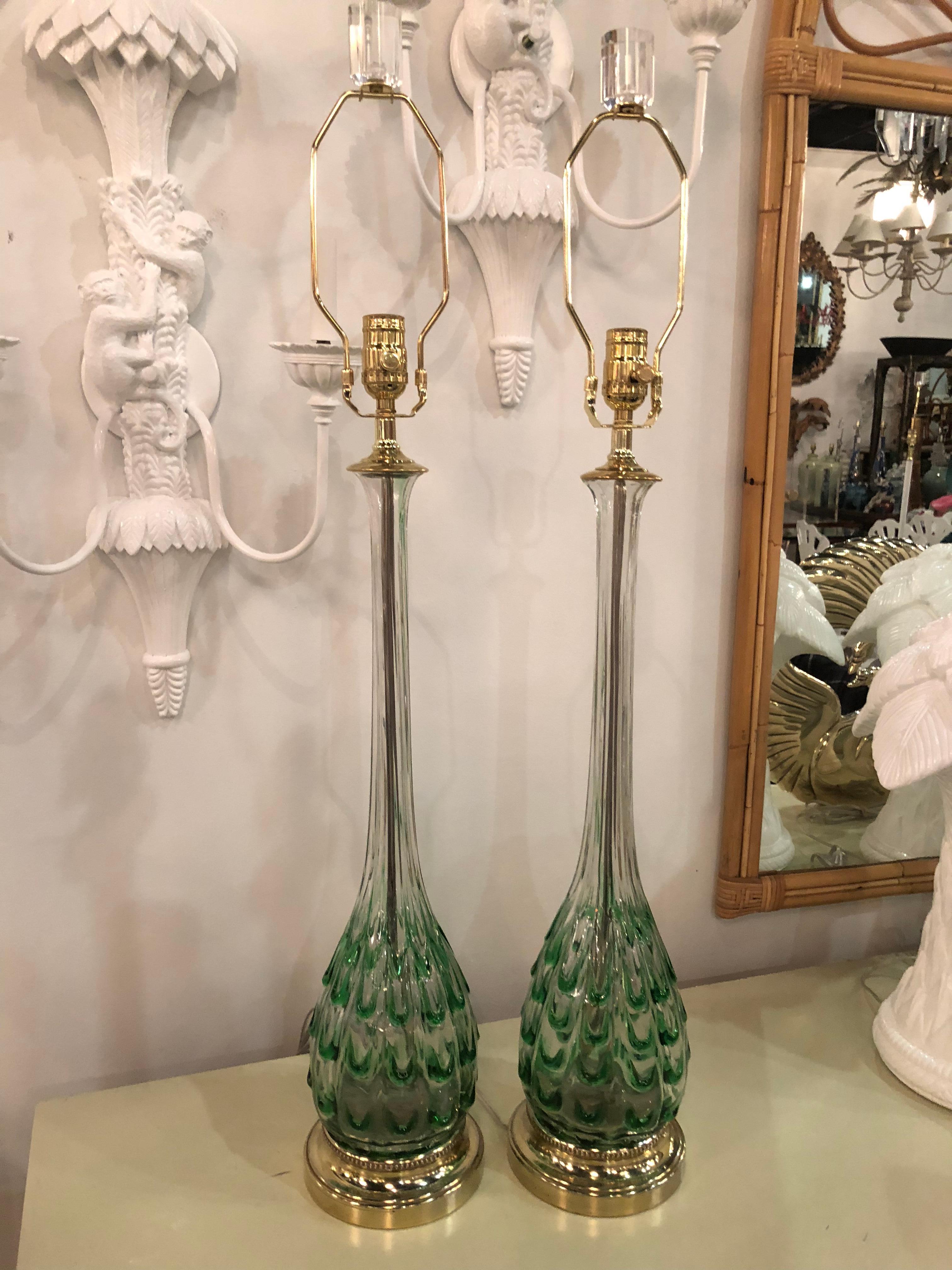 Hollywood Regency Vintage Green Swirl Glass Murano Pair of Table Lamps Brass Lucite Italian