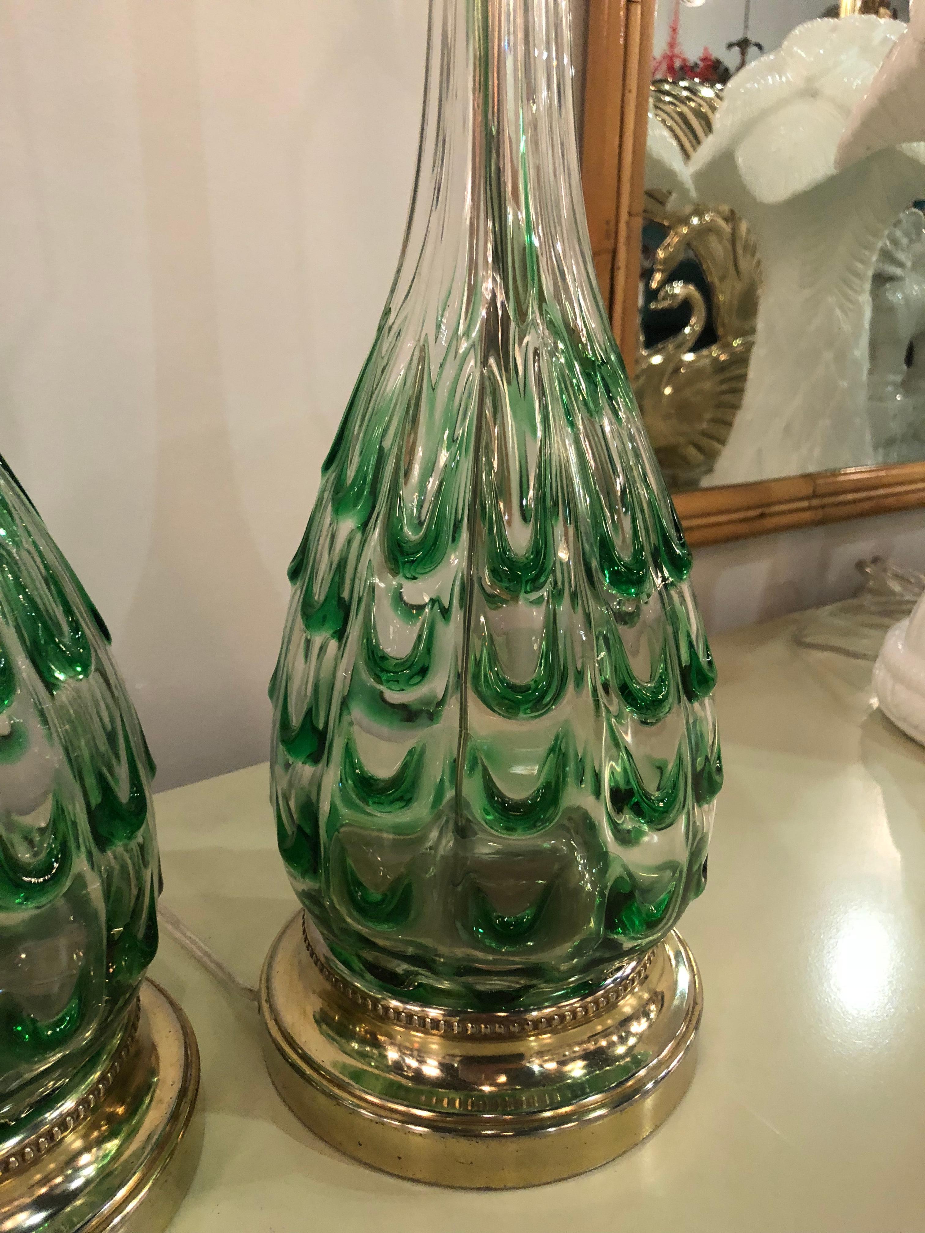 Vintage Green Swirl Glass Murano Pair of Table Lamps Brass Lucite Italian In Good Condition In West Palm Beach, FL